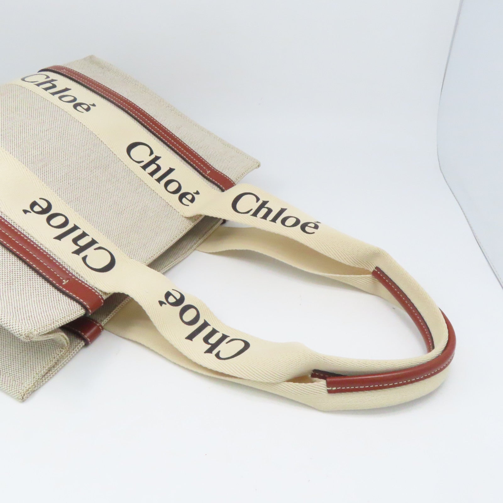 Chloe Canvas Woody Tote Bag Brown/White