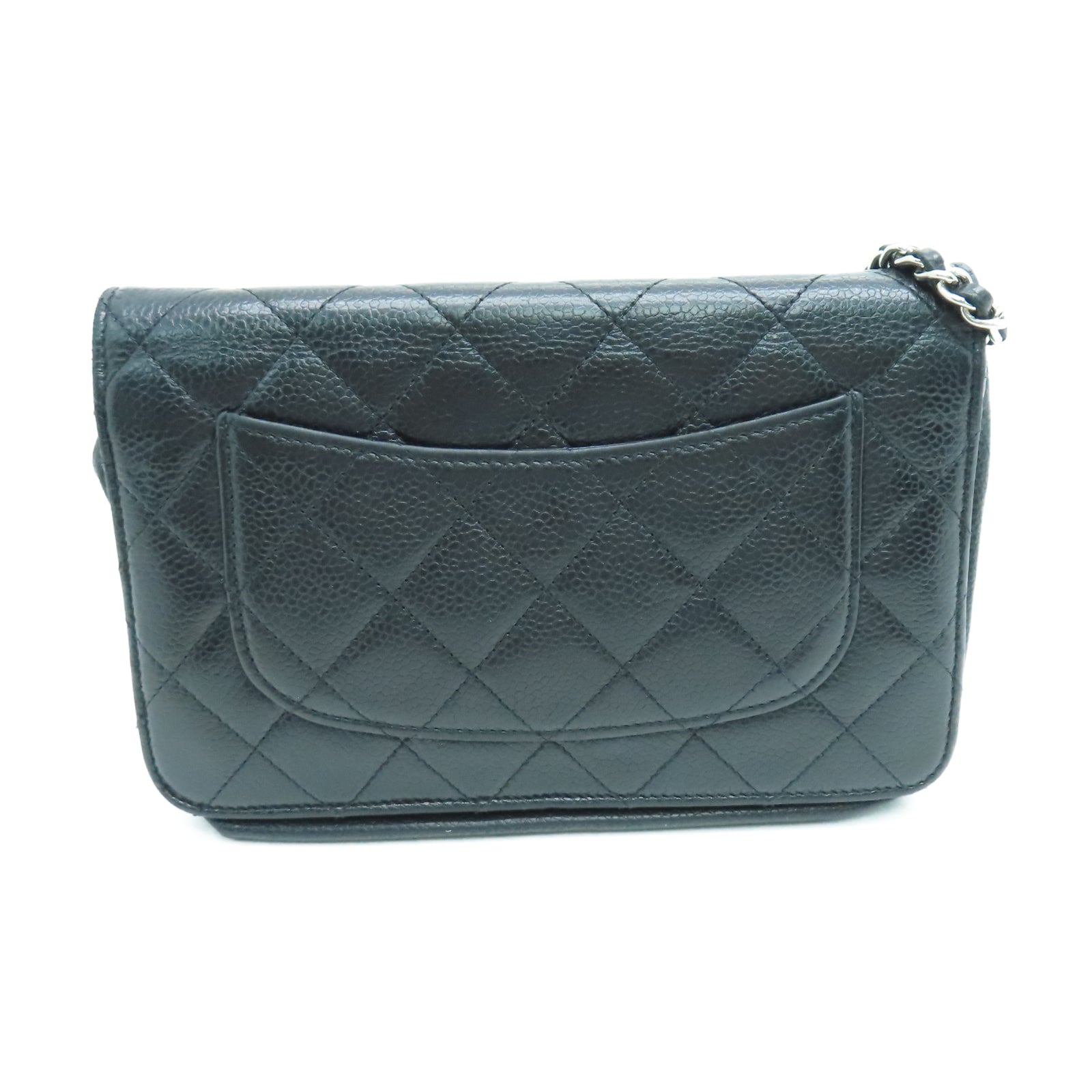 CHANEL 菱格Caviar皮革Chain Shoulder银扣链带肩背袋黑色