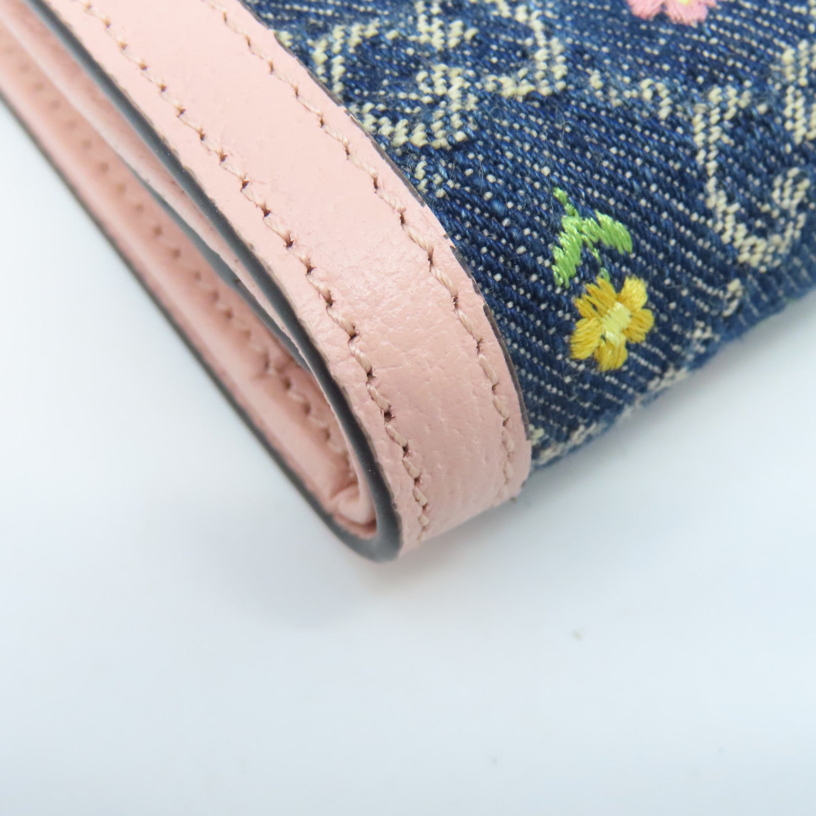 GUCCI 牛皮皮革/牛仔布W Snap Wallet金扣錢包粉紅色/藍色