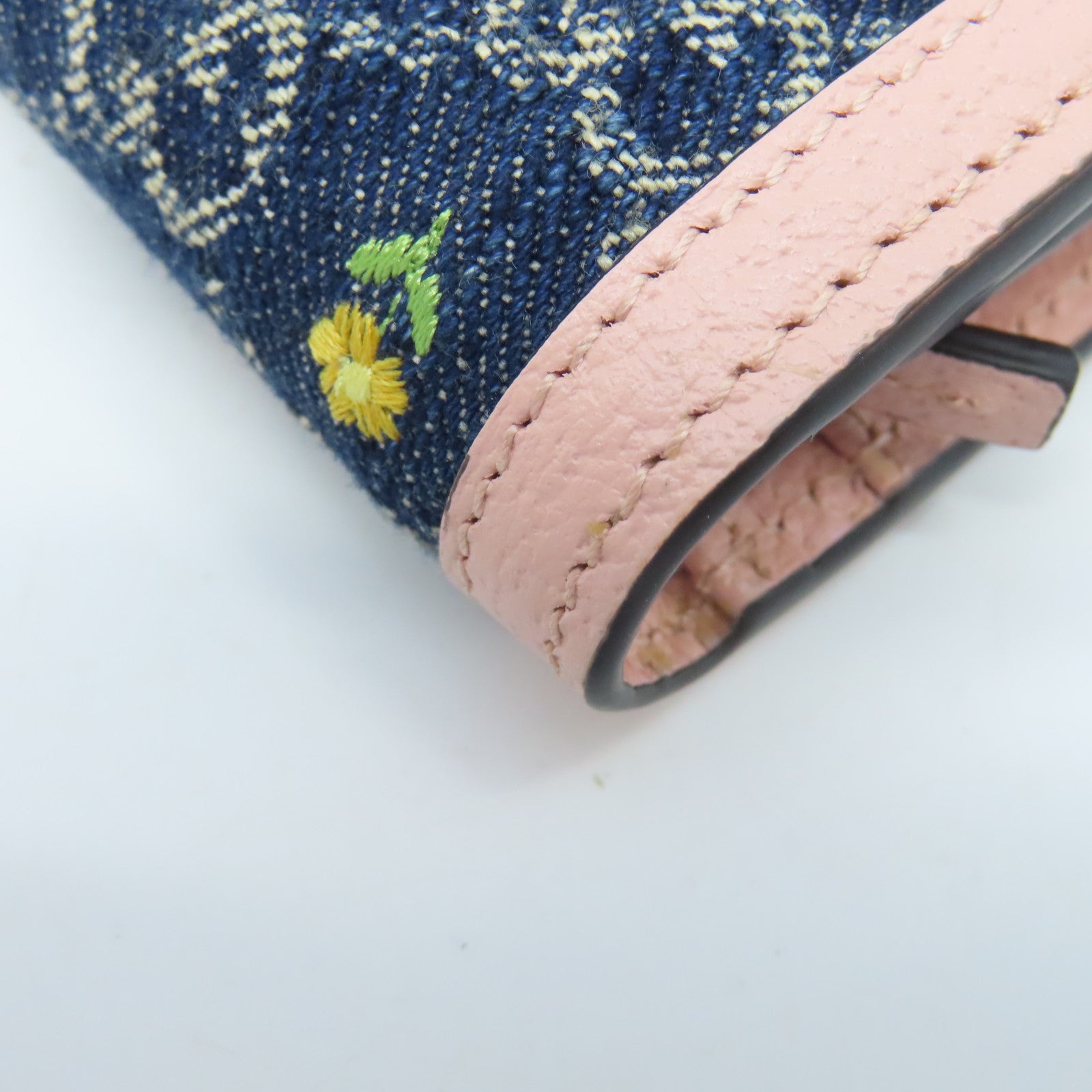 GUCCI 牛皮皮革/牛仔布W Snap Wallet金扣錢包粉紅色/藍色