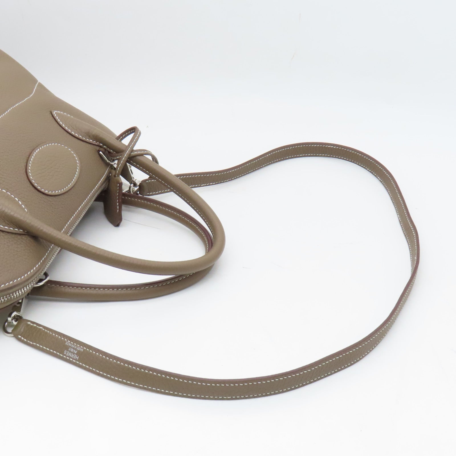 HERMES Clemence Leather Bolide 31 Silver Button Handle Bag Brown