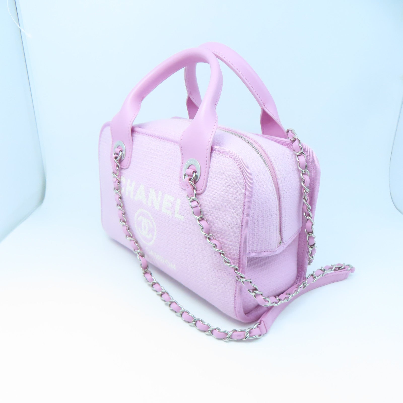 CHANEL canvas Boston Bag silver buckle handle bag pink