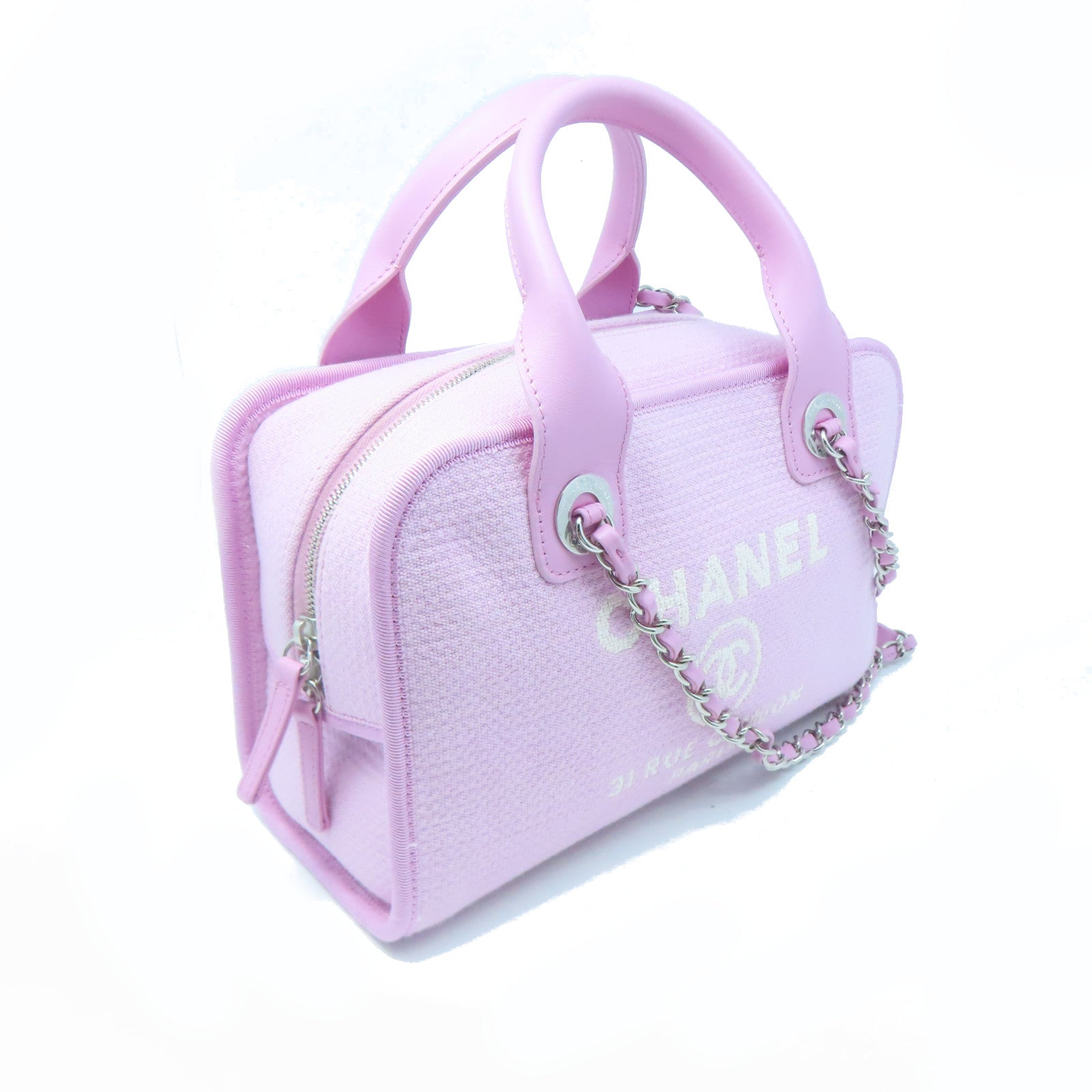CHANEL canvas Boston Bag silver buckle handle bag pink