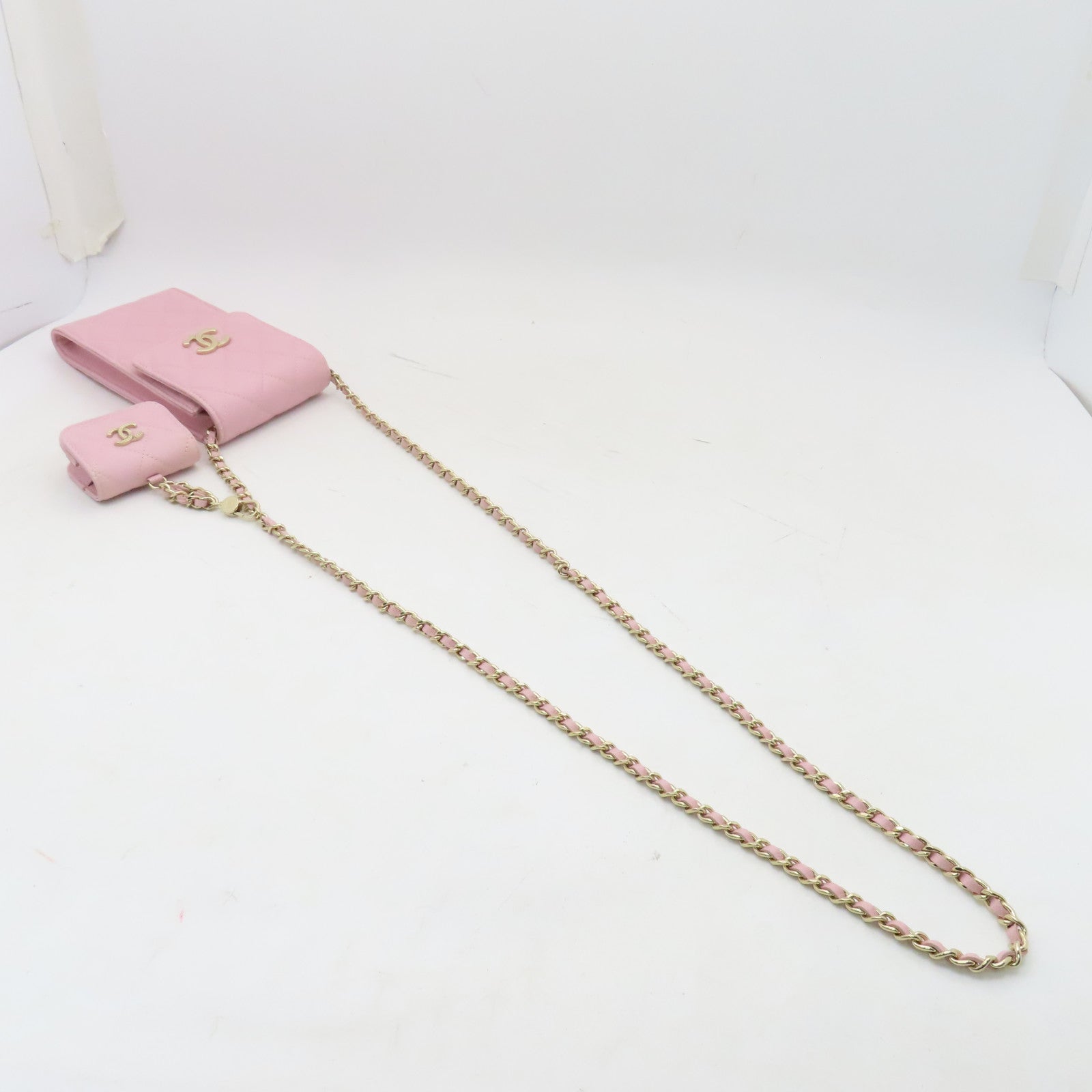 CHANEL 菱格牛皮皮革Chain Shoulder金扣鏈帶肩背袋粉紅色