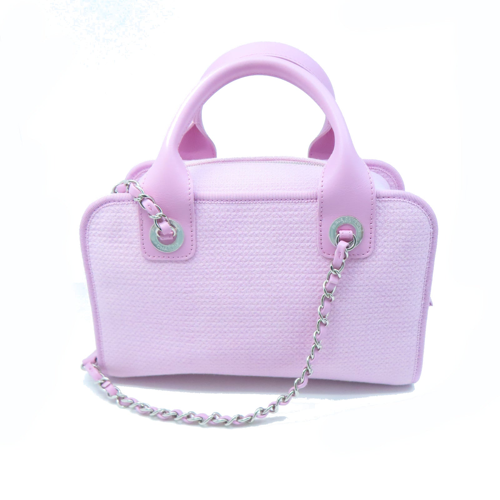 CHANEL canvas Boston Bag silver buckle handle bag pink