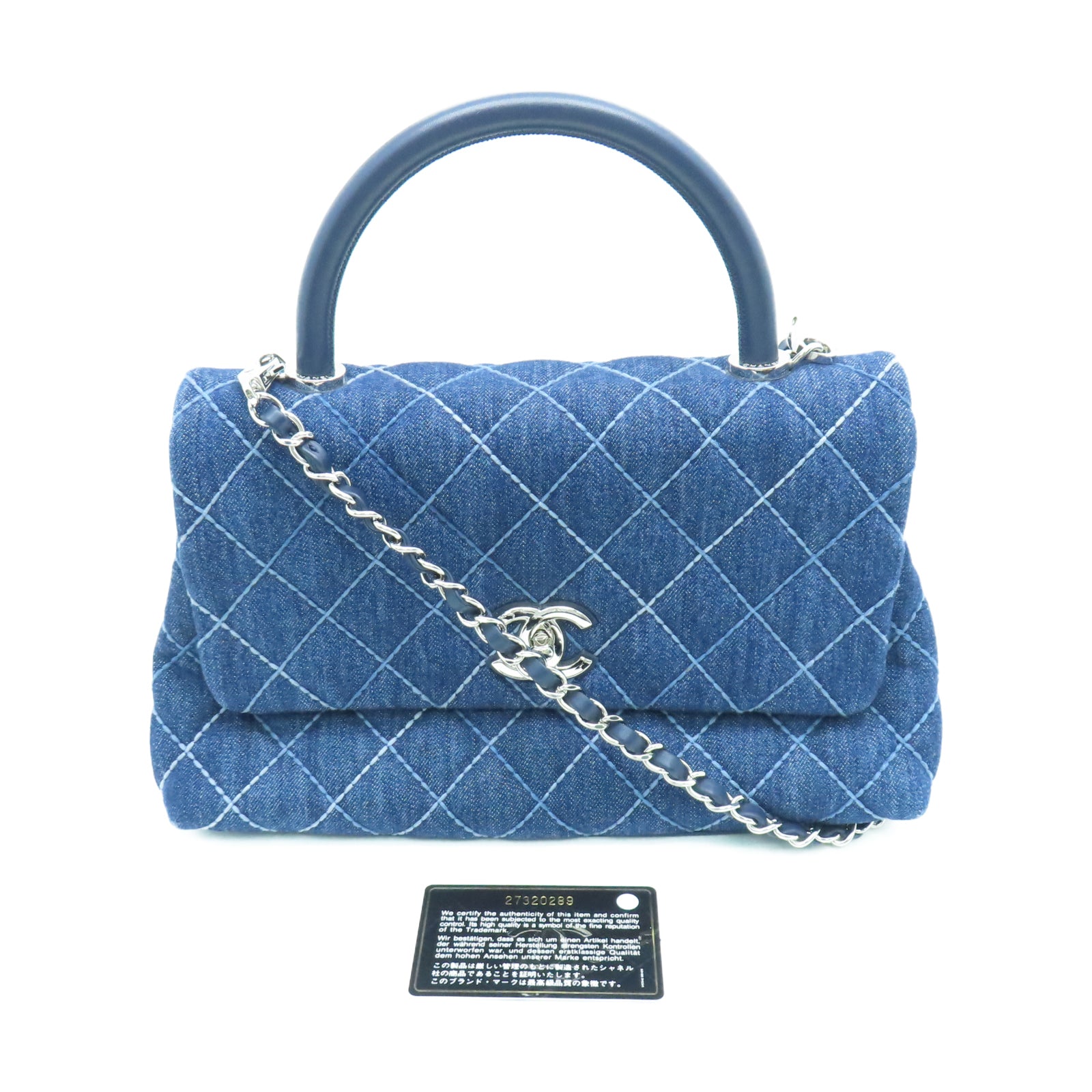CHANEL 菱格Denim Coco handle銀扣鏈帶肩背袋藍色