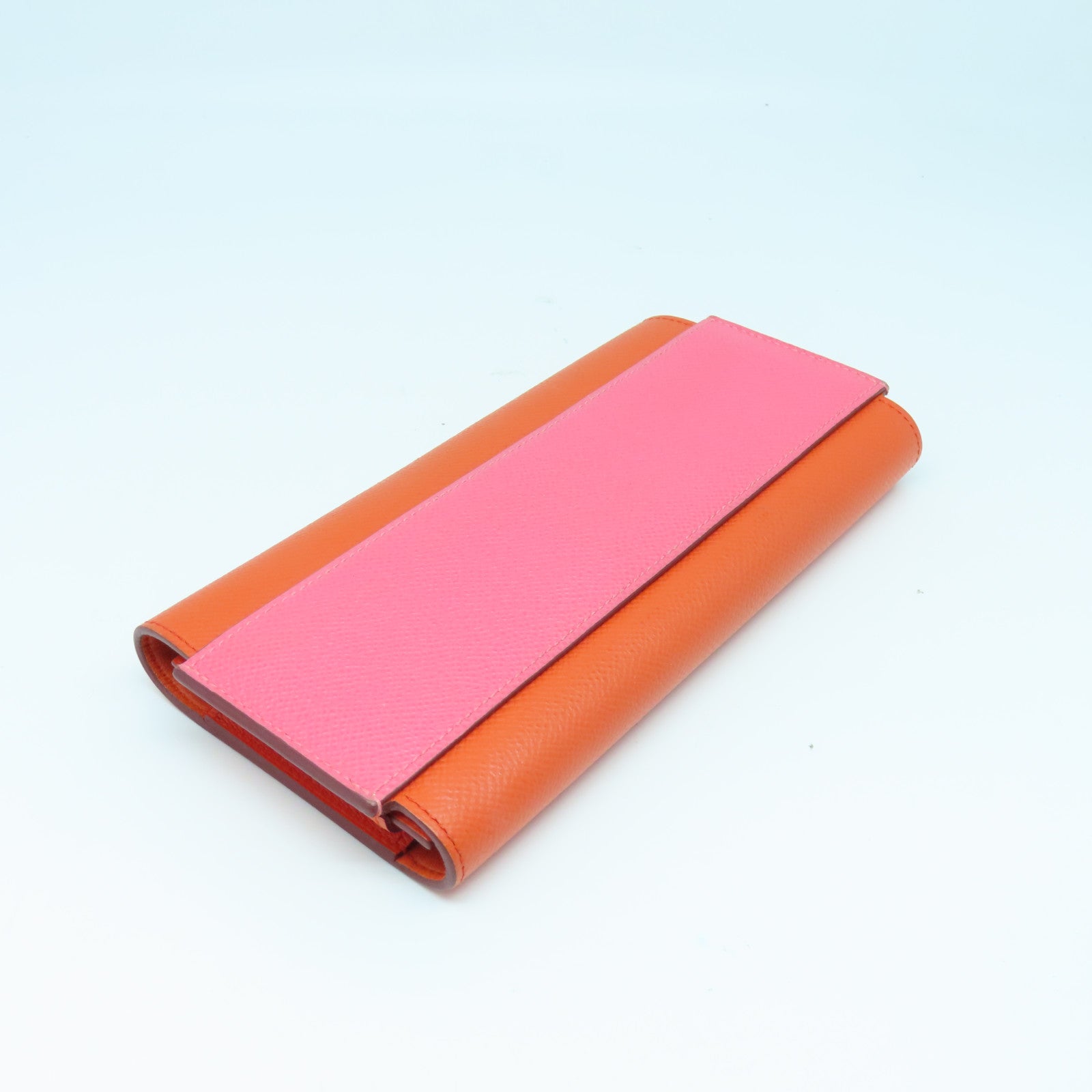 HERMES Epsom Leather Passant Long Wallet Silver Buckle Long Wallet Orange/Pink