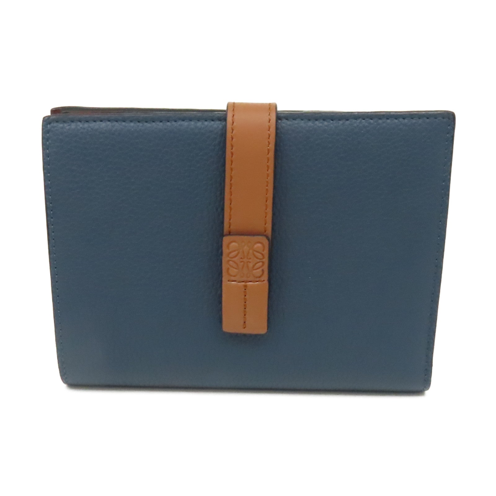 LOEWE 牛皮皮革Middle Wallet銀扣錢包藍色/啡色