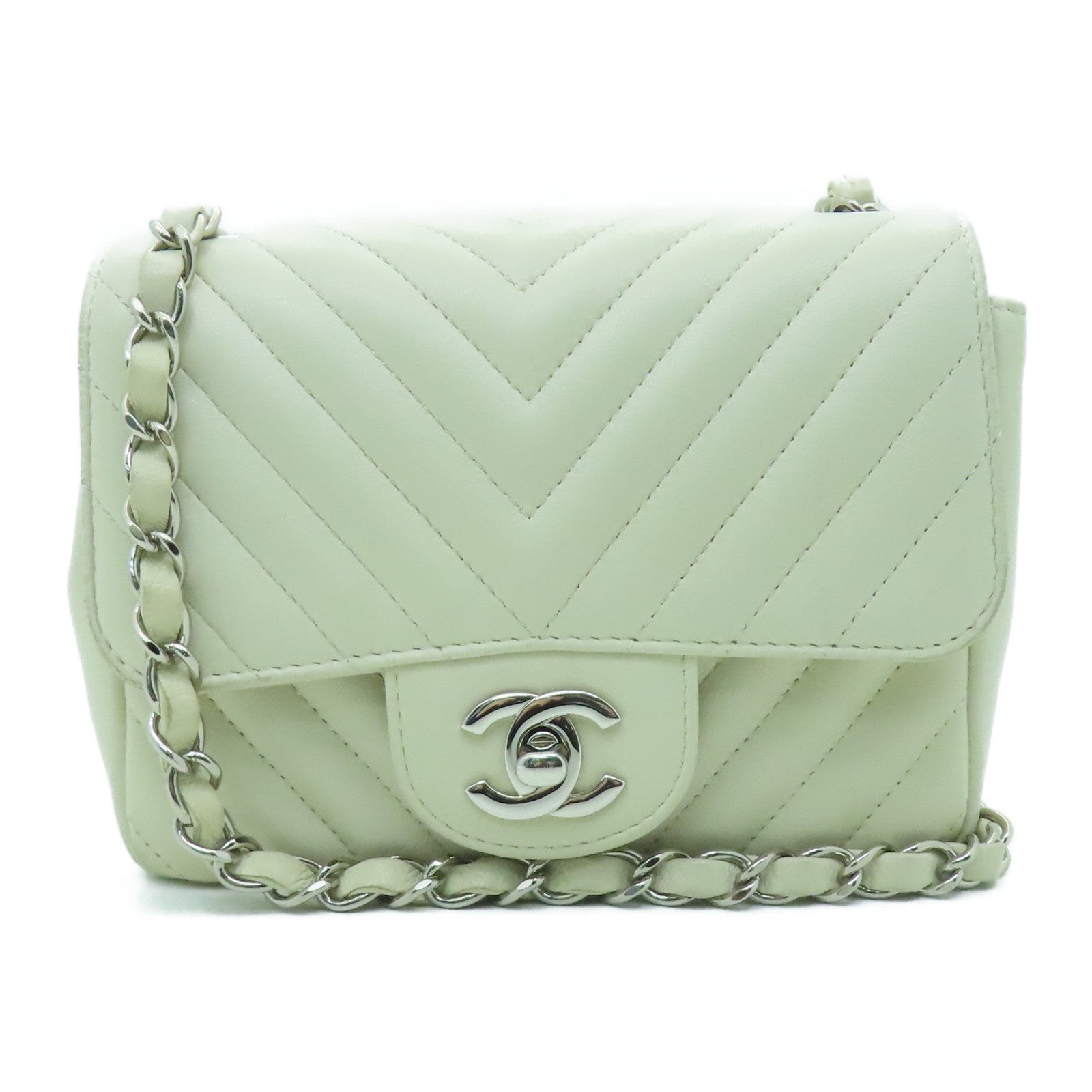 CHANEL 【激減優惠】斜紋羊皮皮革Shoulder Bag銀扣鏈帶肩背袋白色