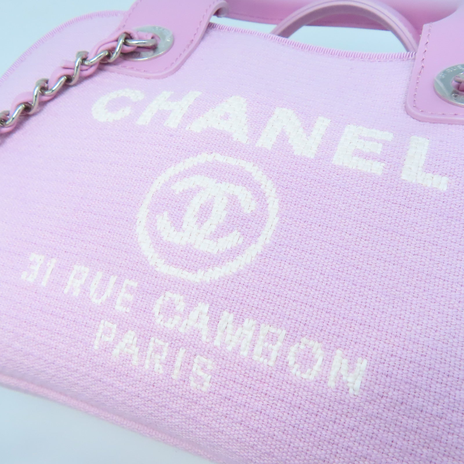 CHANEL canvas Boston Bag silver buckle handle bag pink