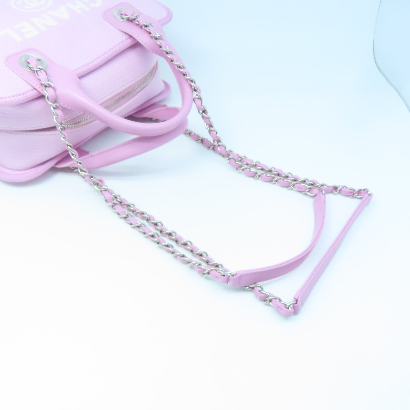 CHANEL canvas Boston Bag silver buckle handle bag pink