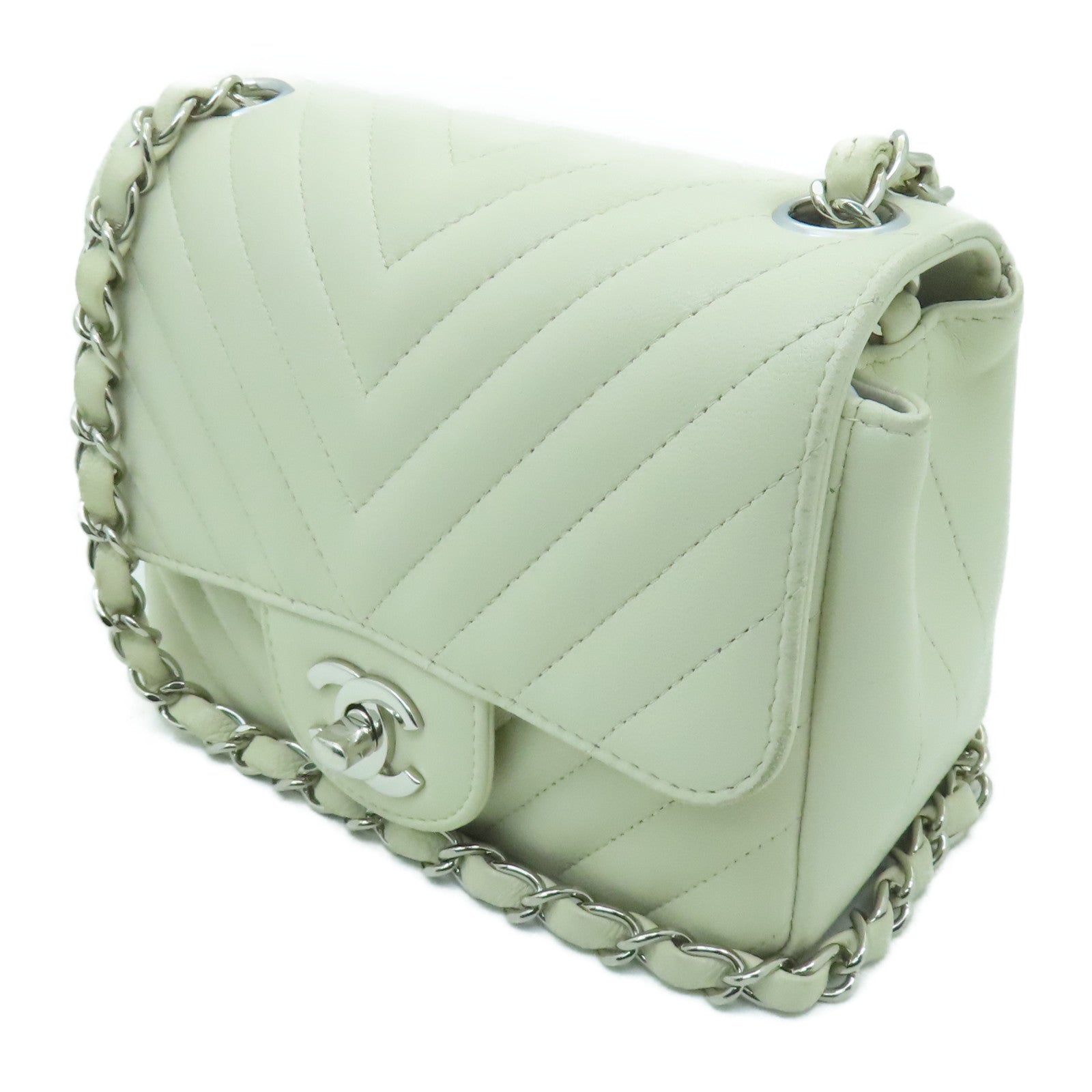 CHANEL 【激減優惠】斜紋羊皮皮革Shoulder Bag銀扣鏈帶肩背袋白色