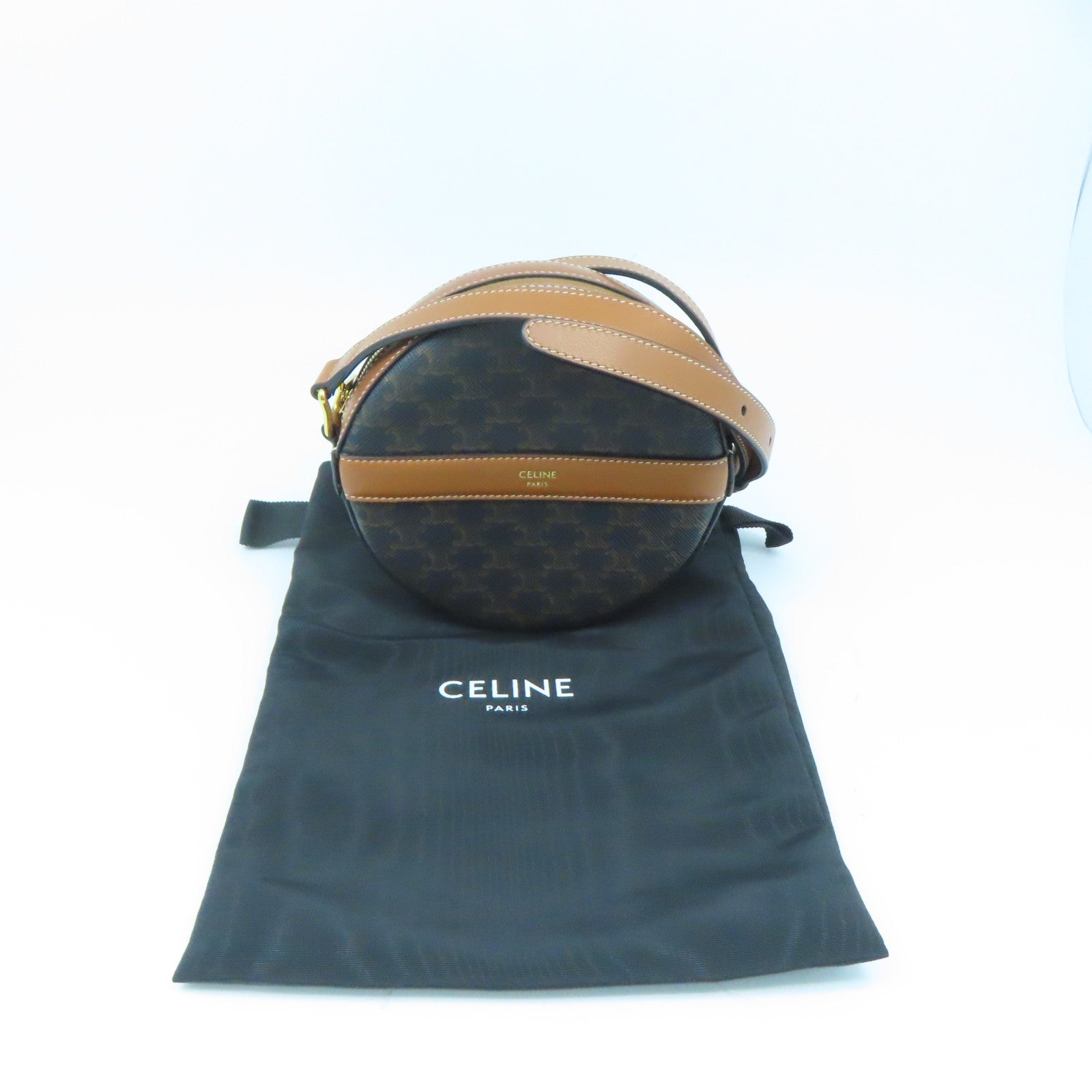 CELINE Coated Canvas Shoulder Bag Gold Buckle Brown Brown