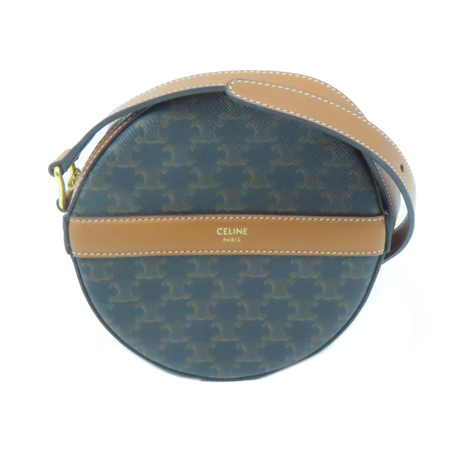 CELINE Coated Canvas Shoulder Bag Gold Buckle Brown Brown