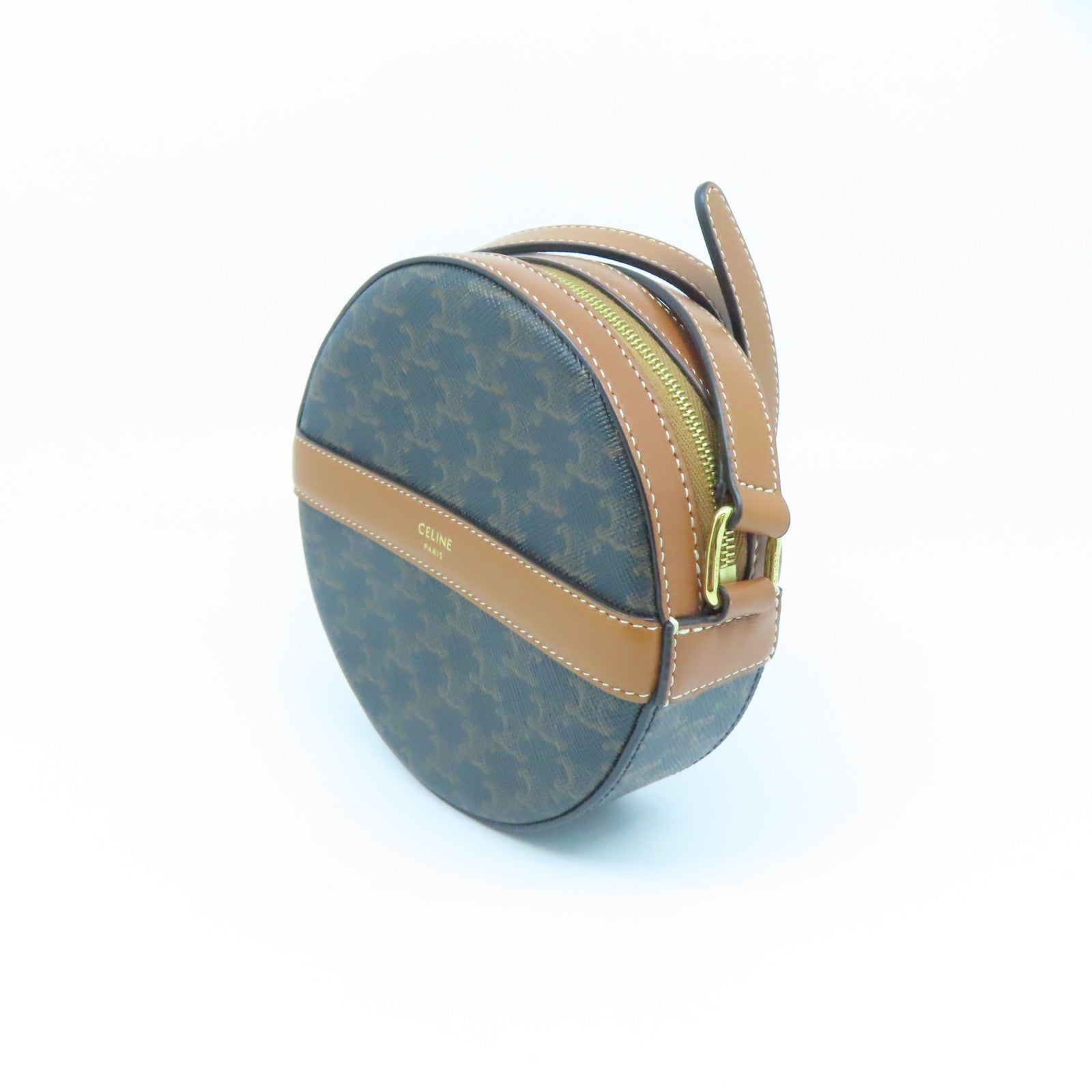 CELINE Coated Canvas Shoulder Bag Gold Buckle Brown Brown