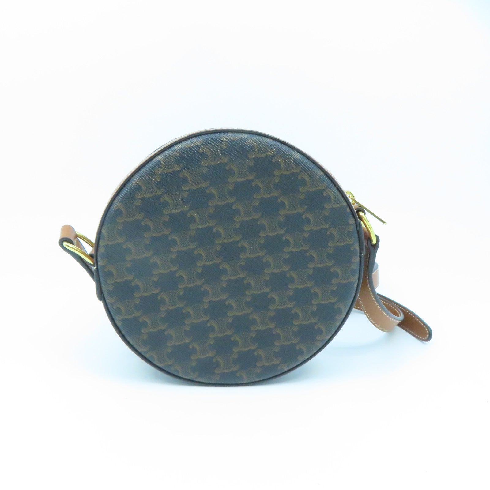 CELINE Coated Canvas Shoulder Bag Gold Buckle Brown Brown