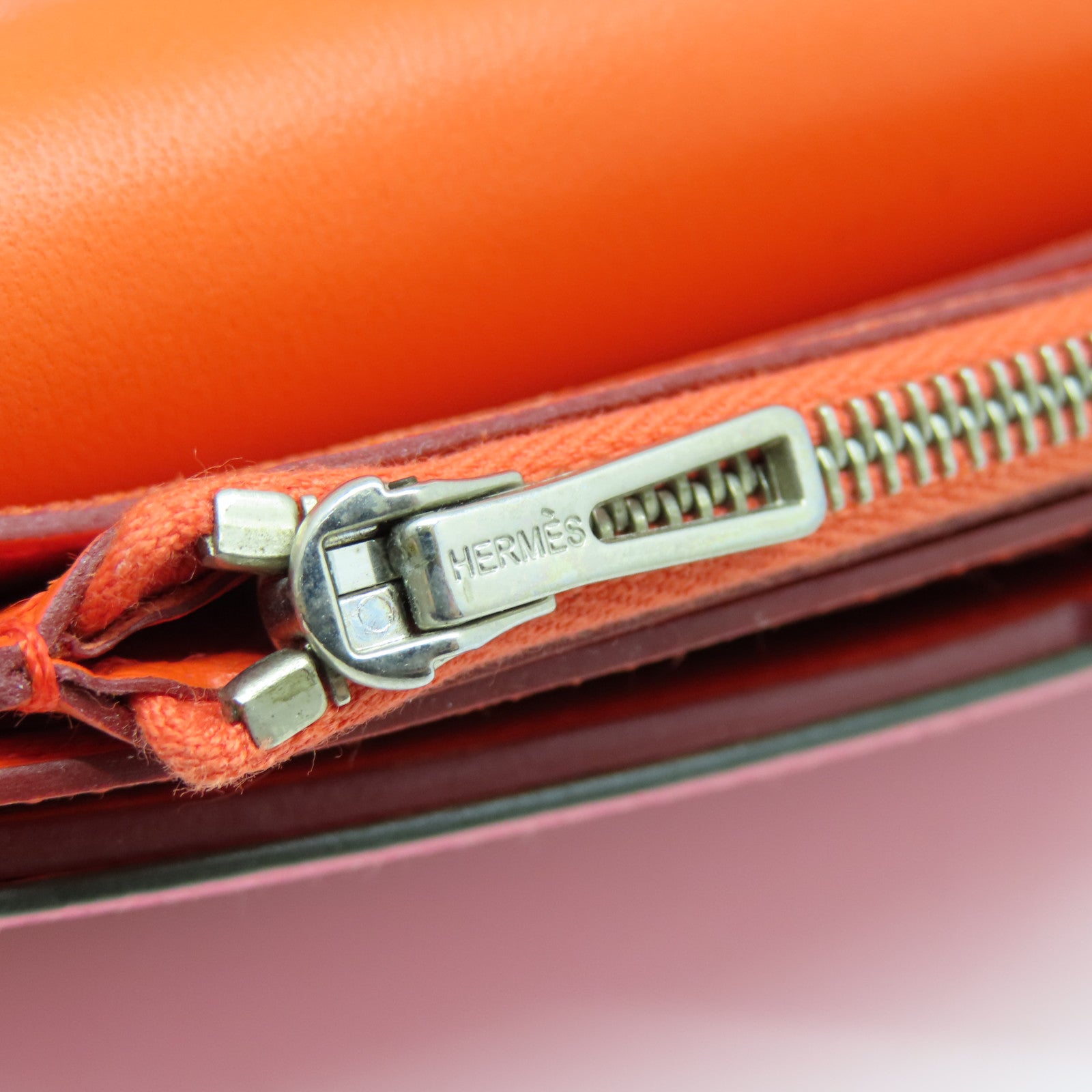 HERMES Epsom Leather Passant Long Wallet Silver Buckle Long Wallet Orange/Pink