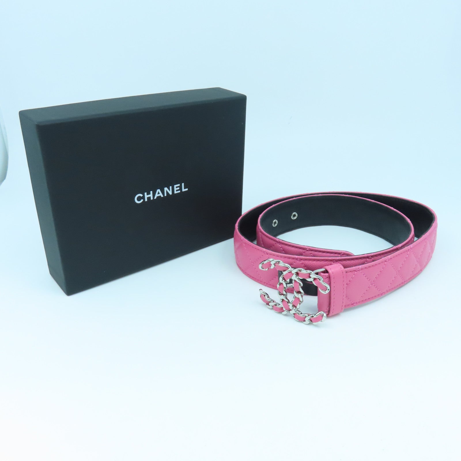 CHANEL 菱格Caviar皮革Belt银扣皮带粉红色