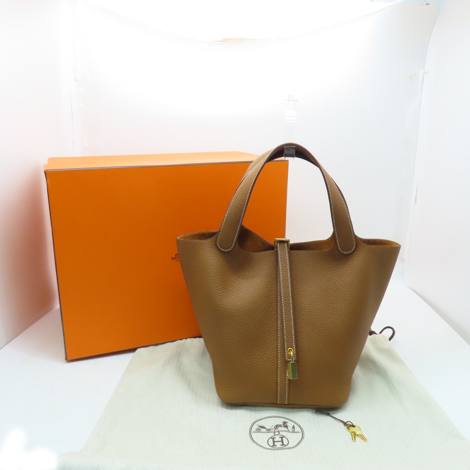 HERMES Clemence皮革Picotin MM金扣手挽袋Gold棕色