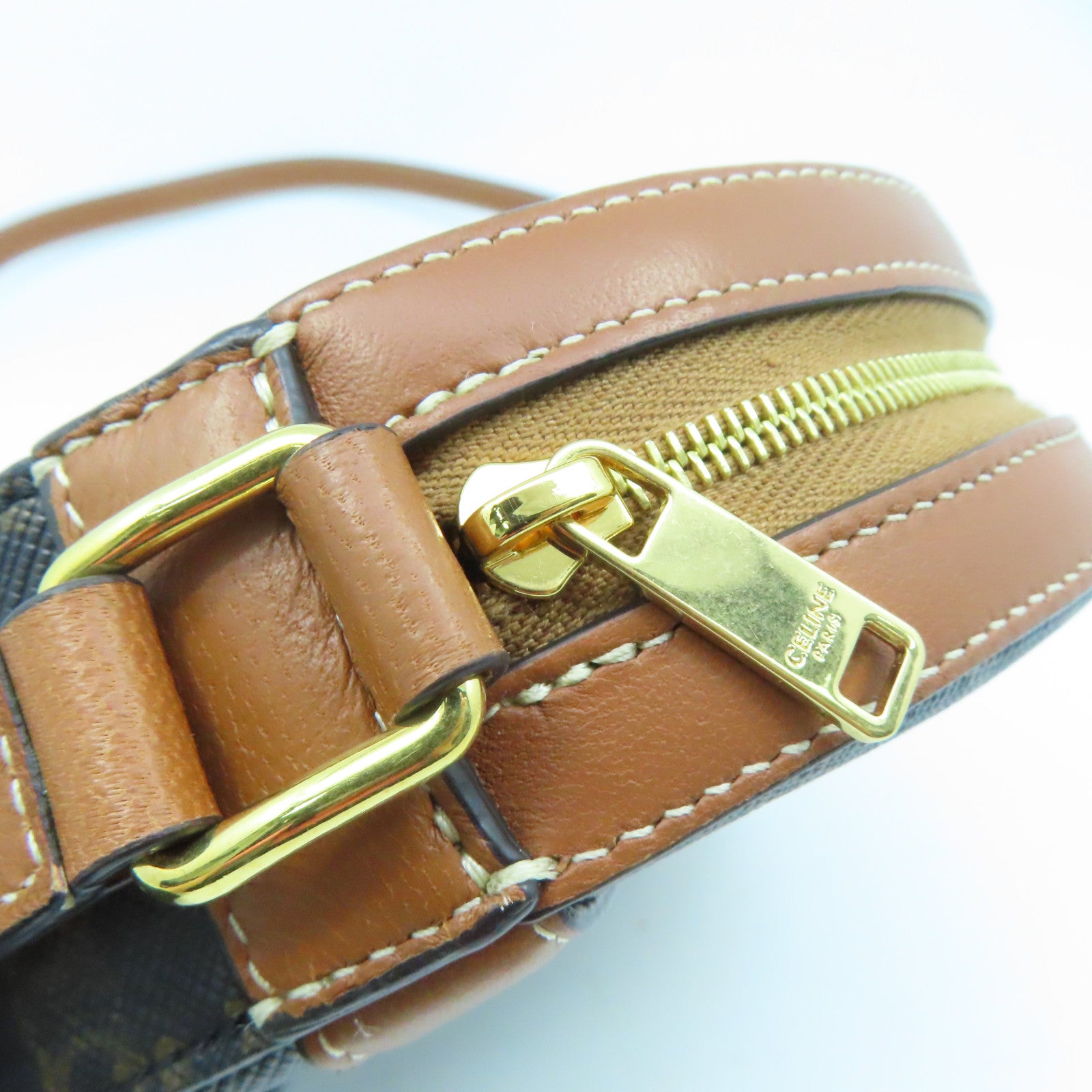 CELINE Coated Canvas Shoulder Bag Gold Buckle Brown Brown