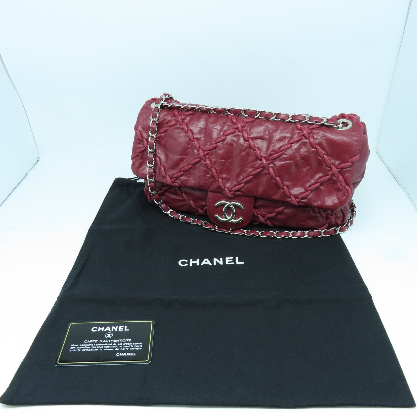 CHANEL 菱格牛皮皮革Chain Shoulder银扣链带肩背袋红色