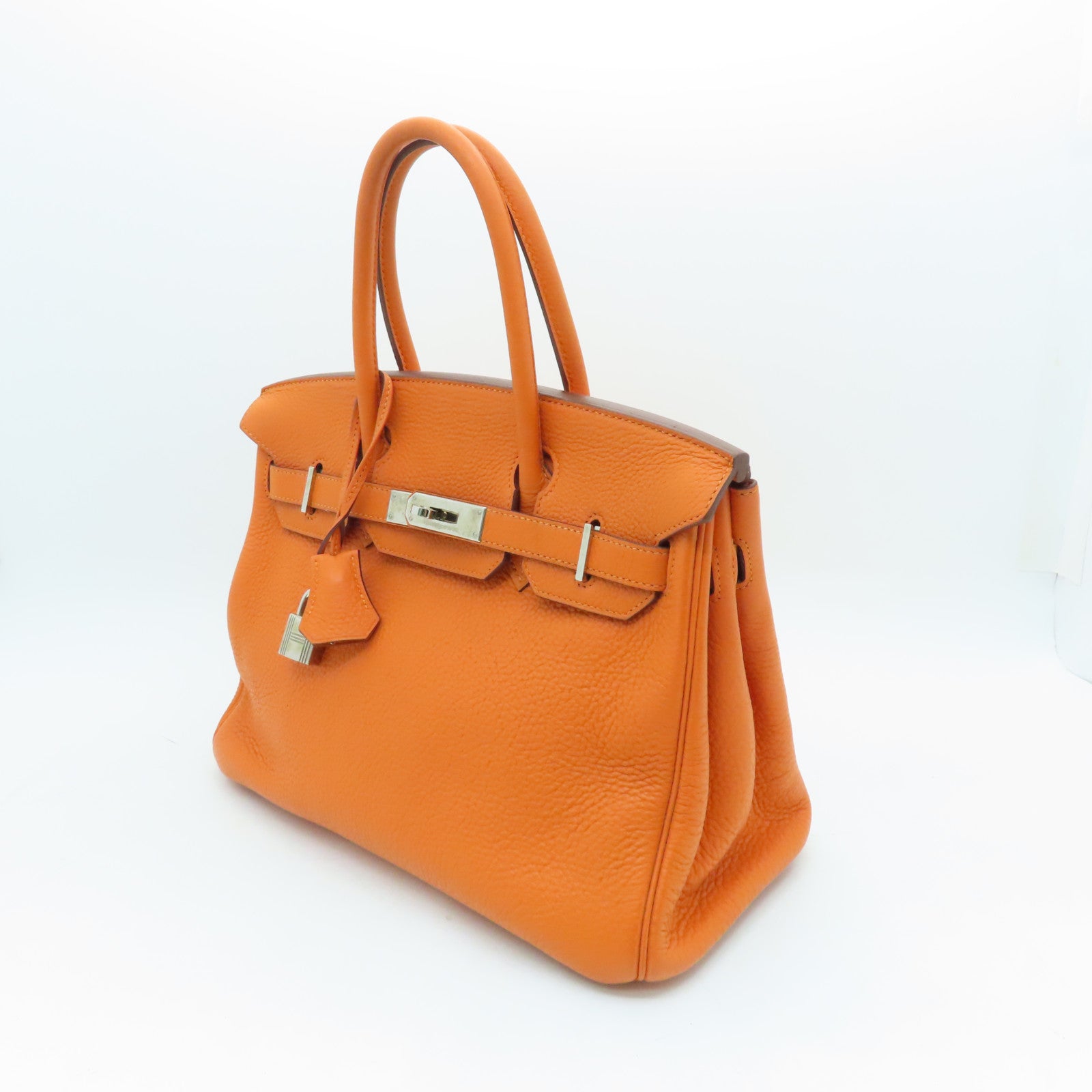 HERMES Clemence Leather Birkin 30 Silver Buckle Handle Bag Orange