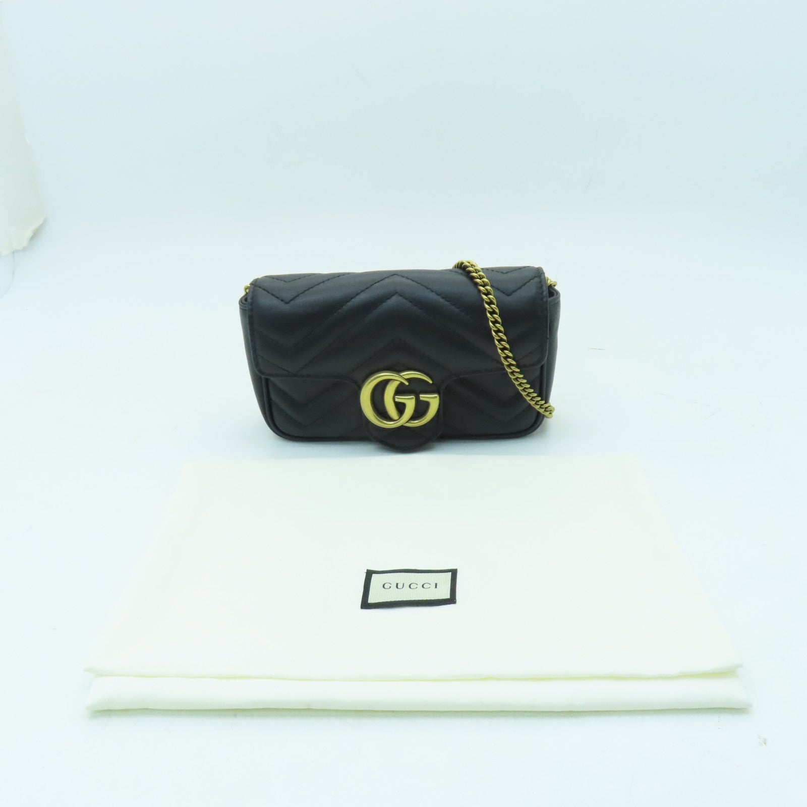 GUCCI 牛皮皮革GG Marmont金扣鏈帶肩背袋黑色