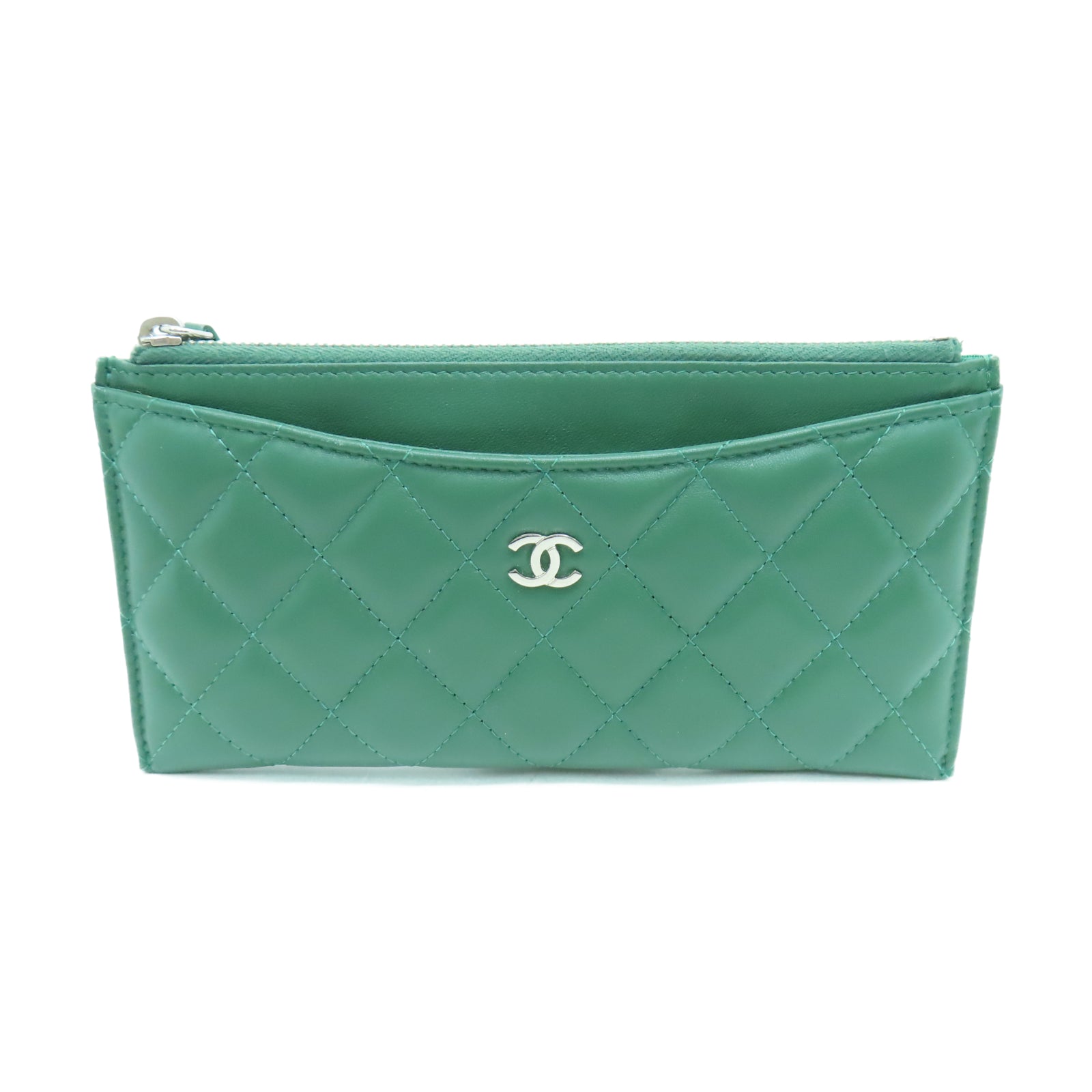 CHANEL 菱格羊皮皮革Wallet银扣长钱包绿色