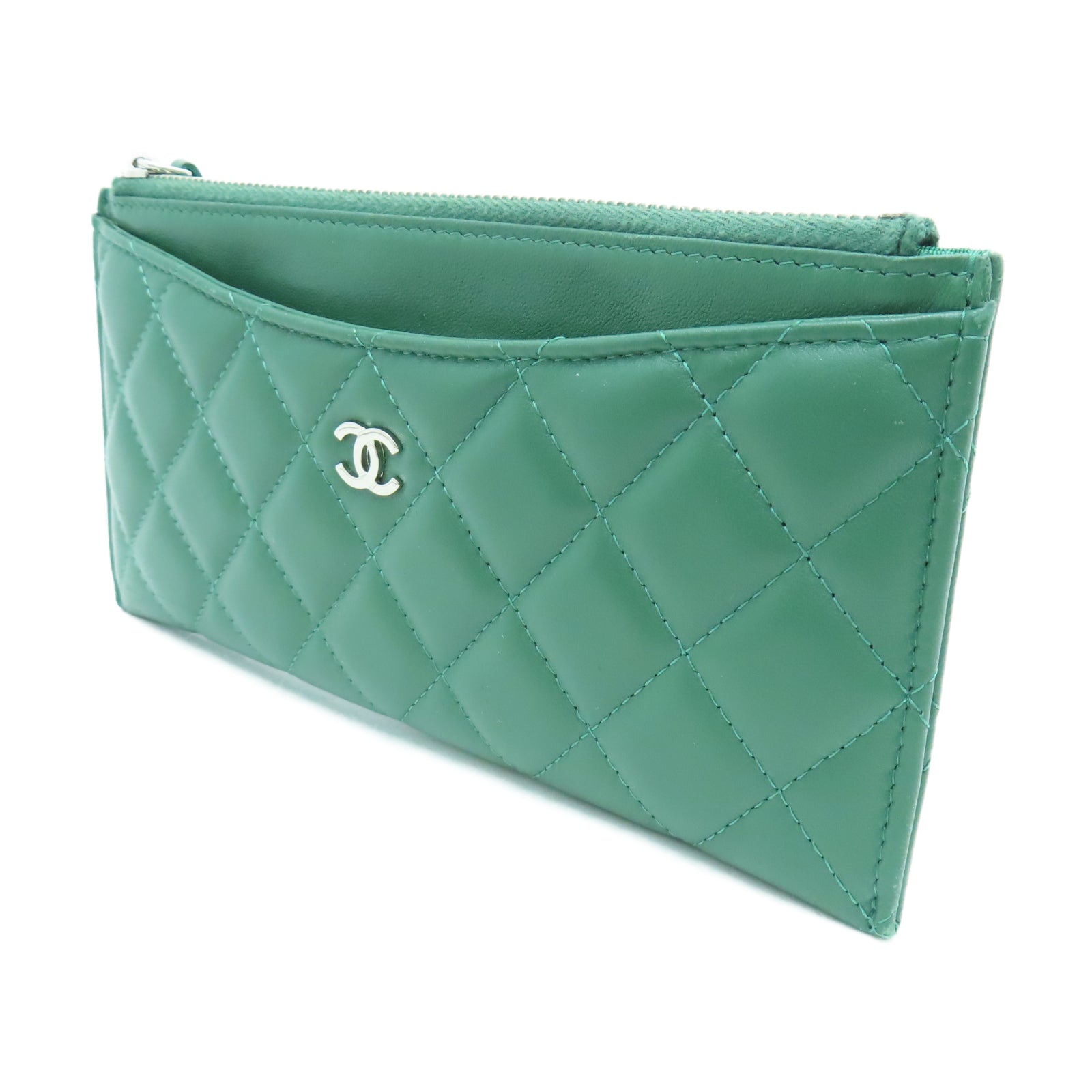 CHANEL 菱格羊皮皮革Wallet银扣长钱包绿色
