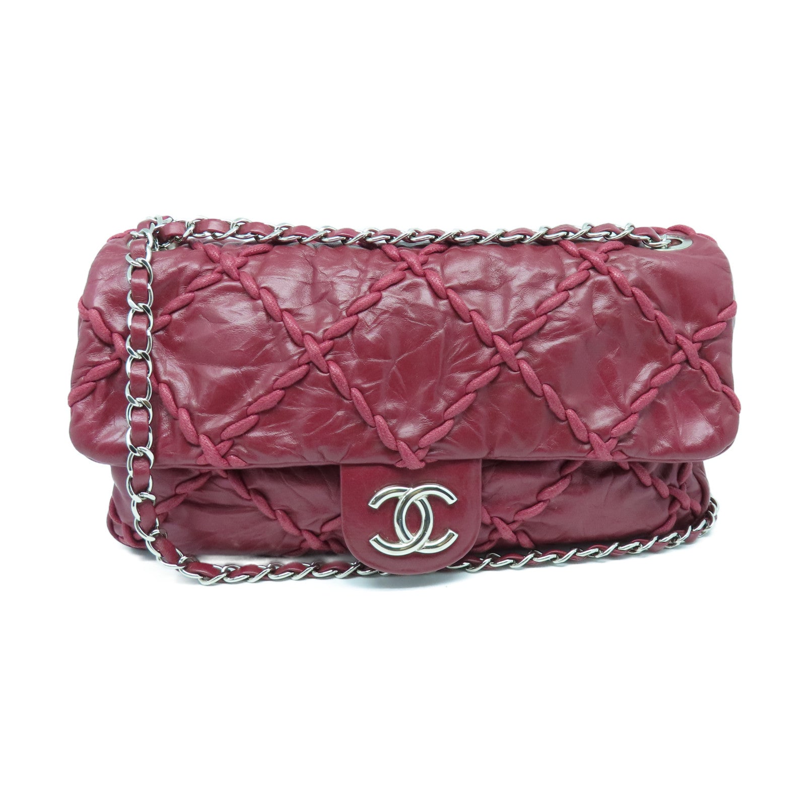 CHANEL 菱格牛皮皮革Chain Shoulder银扣链带肩背袋红色