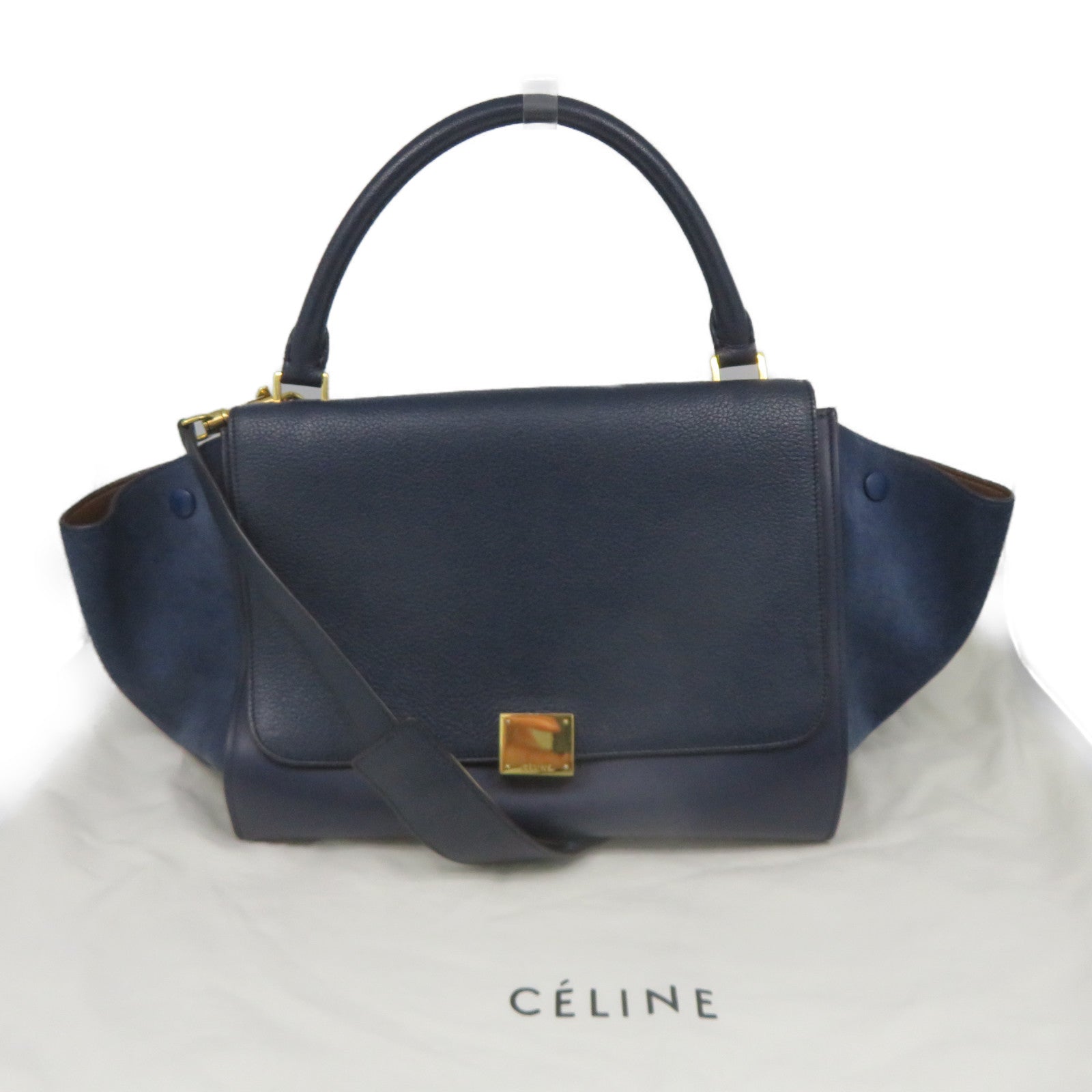 CELINE 牛皮皮革Trapeze金扣肩背袋深蓝色