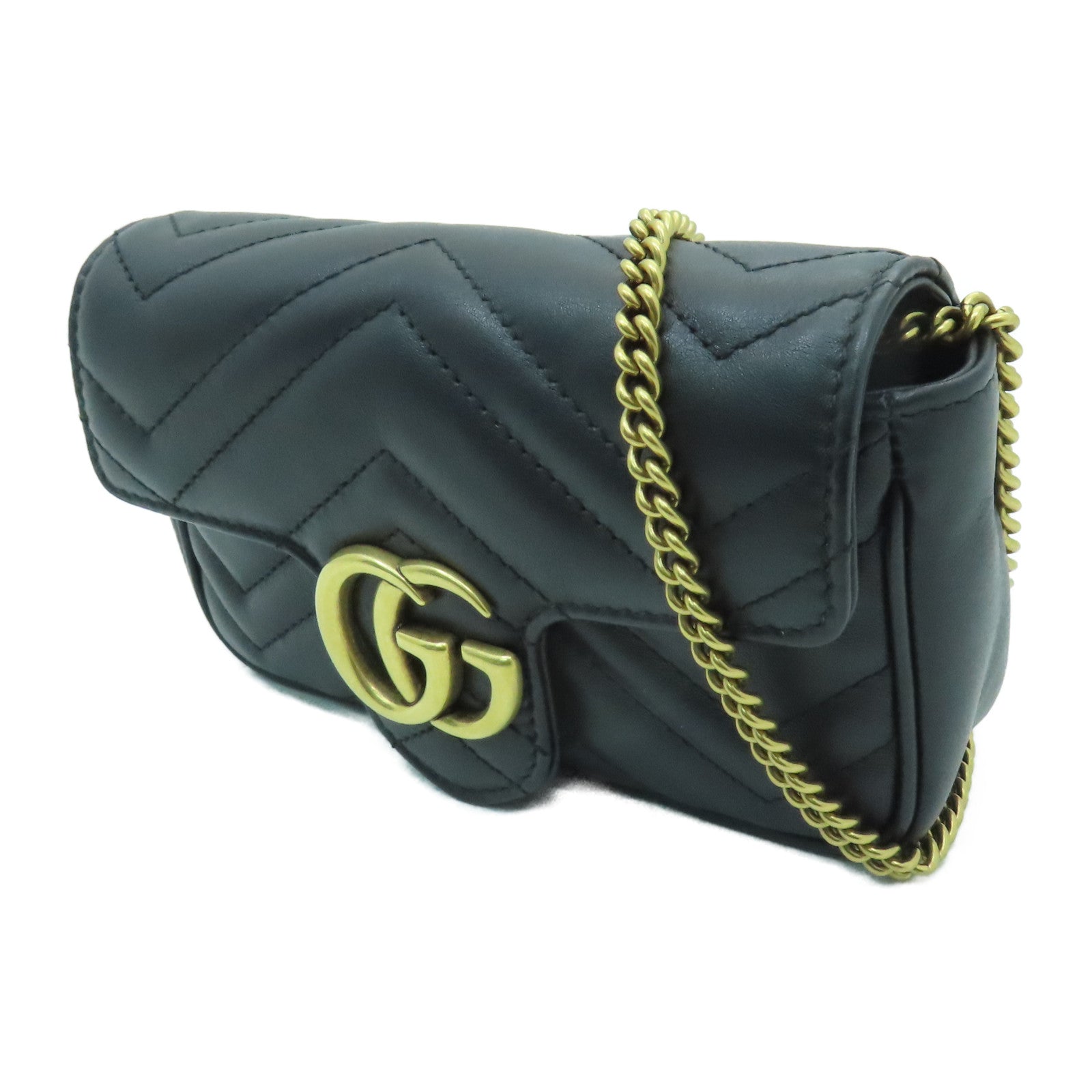 GUCCI 牛皮皮革GG Marmont金扣鏈帶肩背袋黑色