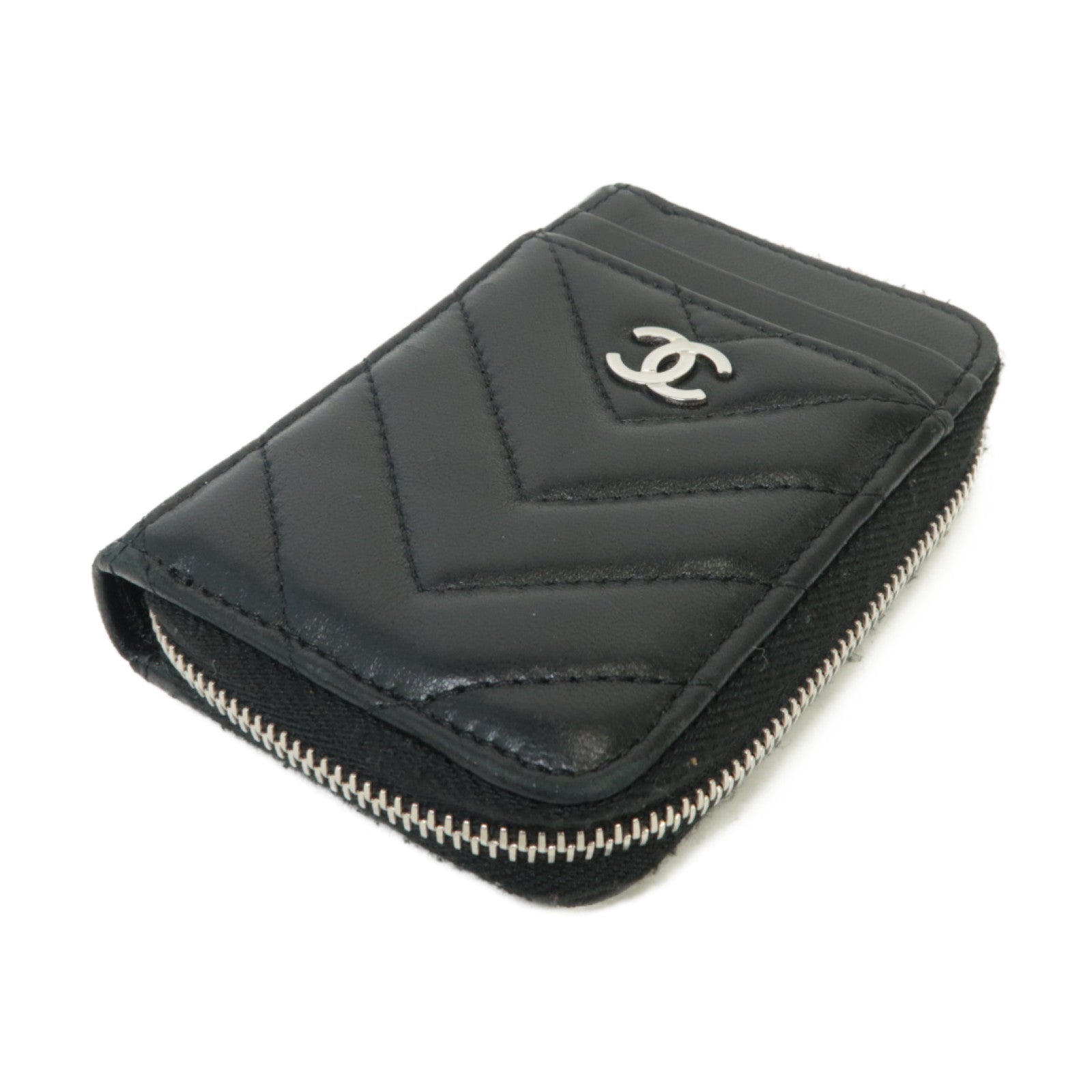 CHANEL 斜紋Card Case銀扣卡片套黒色