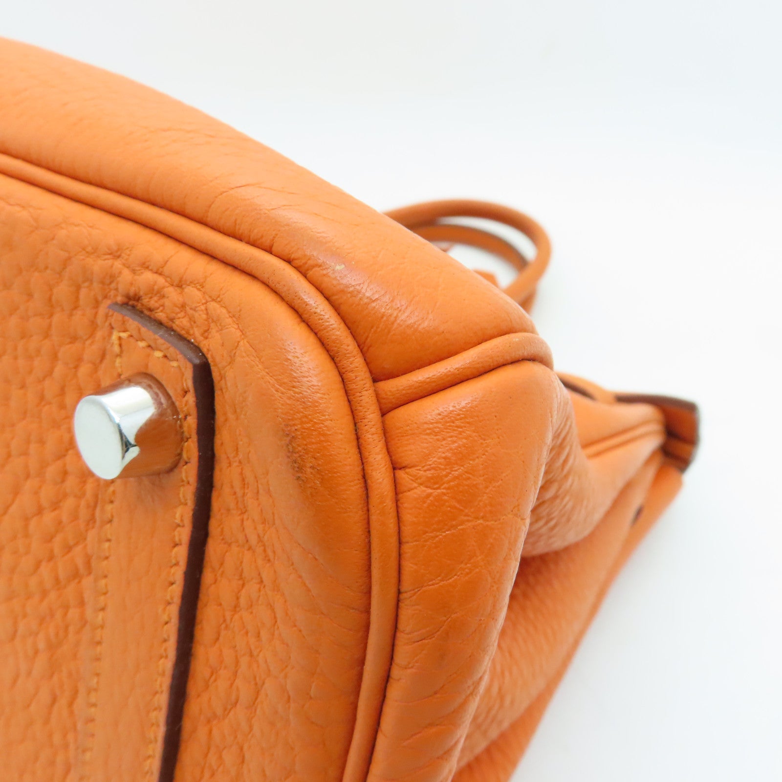 HERMES Clemence Leather Birkin 30 Silver Buckle Handle Bag Orange
