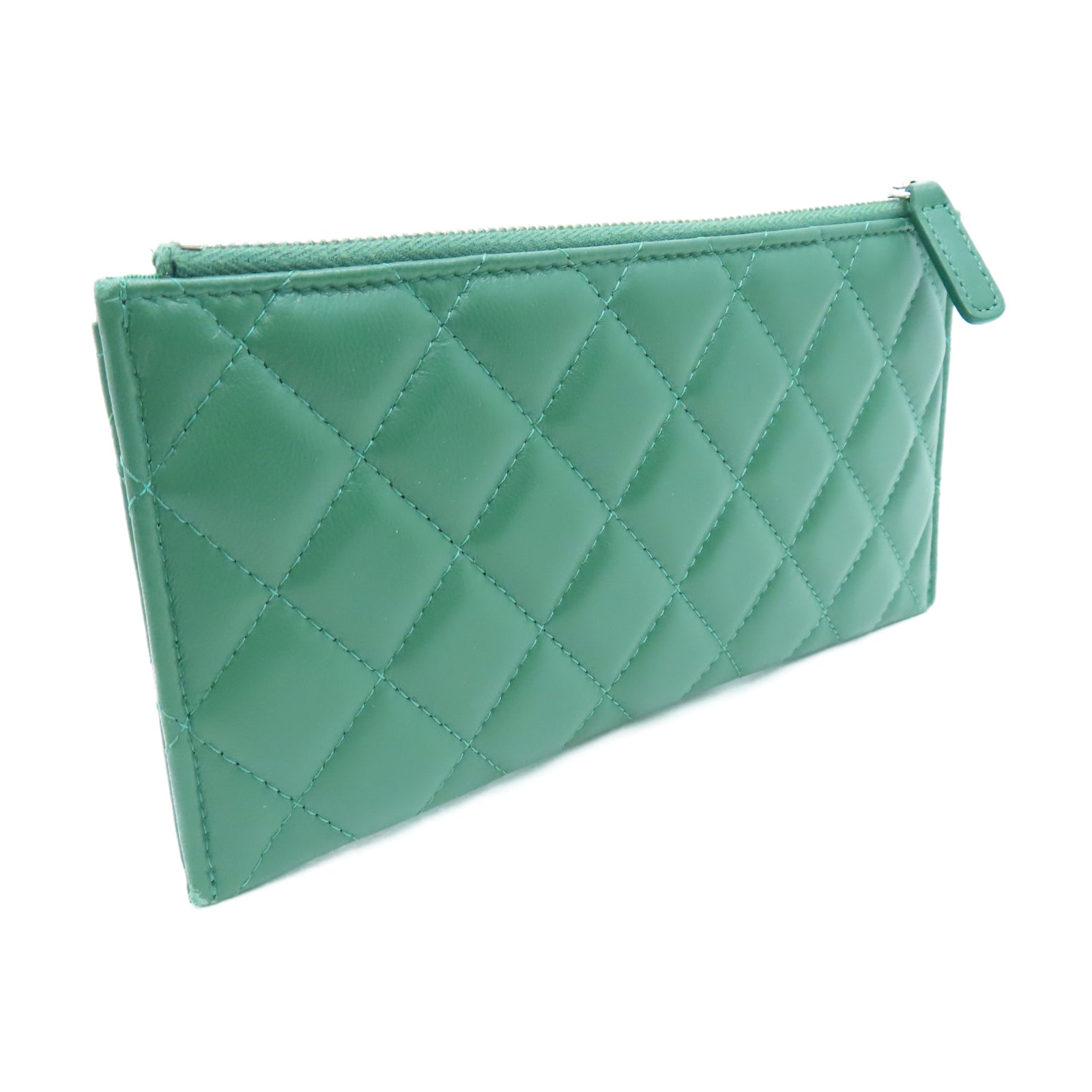 CHANEL 菱格羊皮皮革Wallet银扣长钱包绿色