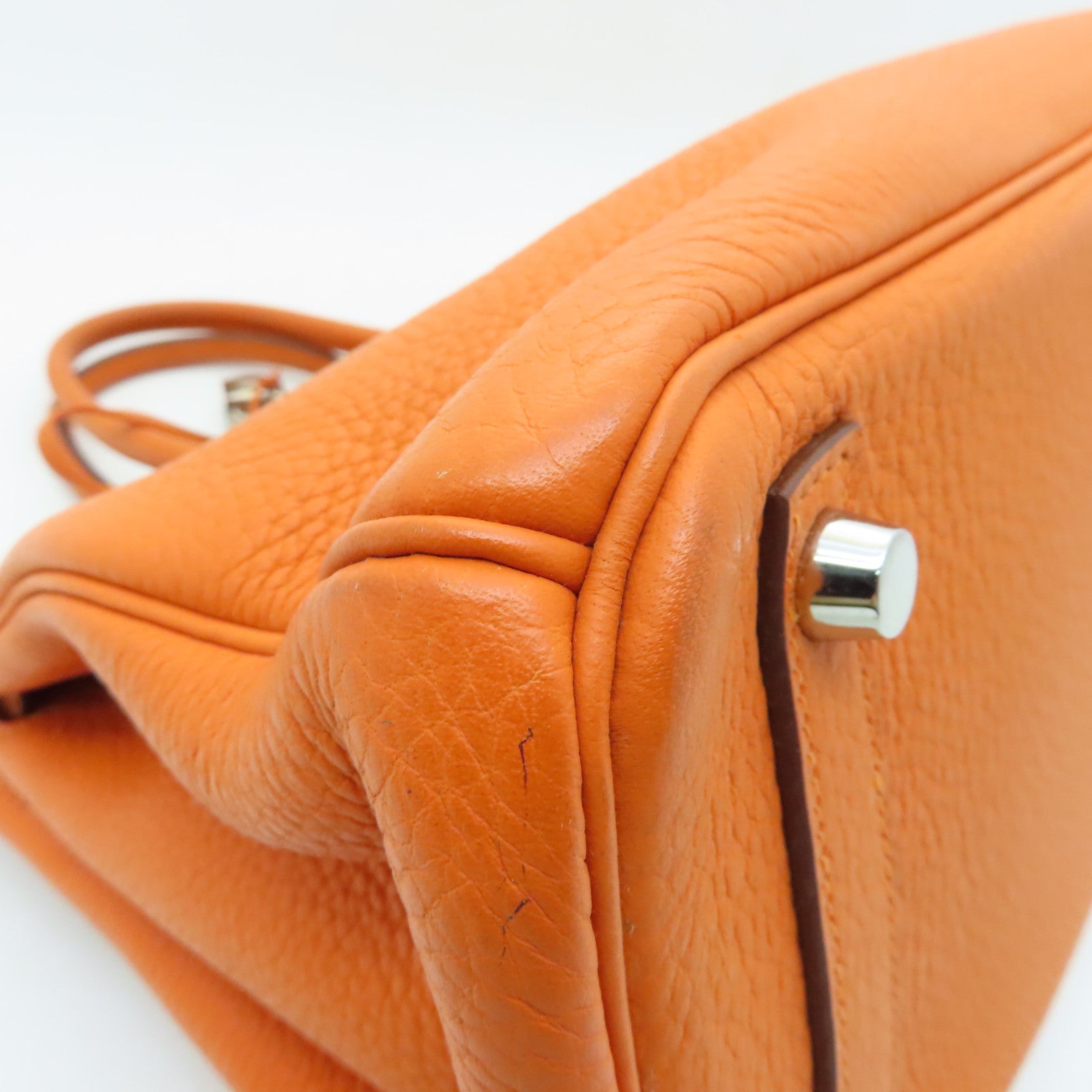 HERMES Clemence Leather Birkin 30 Silver Buckle Handle Bag Orange