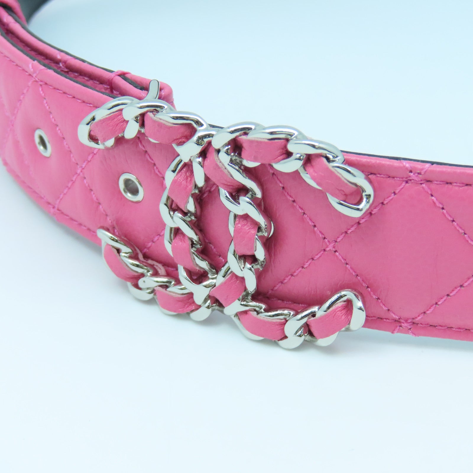 CHANEL 菱格Caviar皮革Belt银扣皮带粉红色