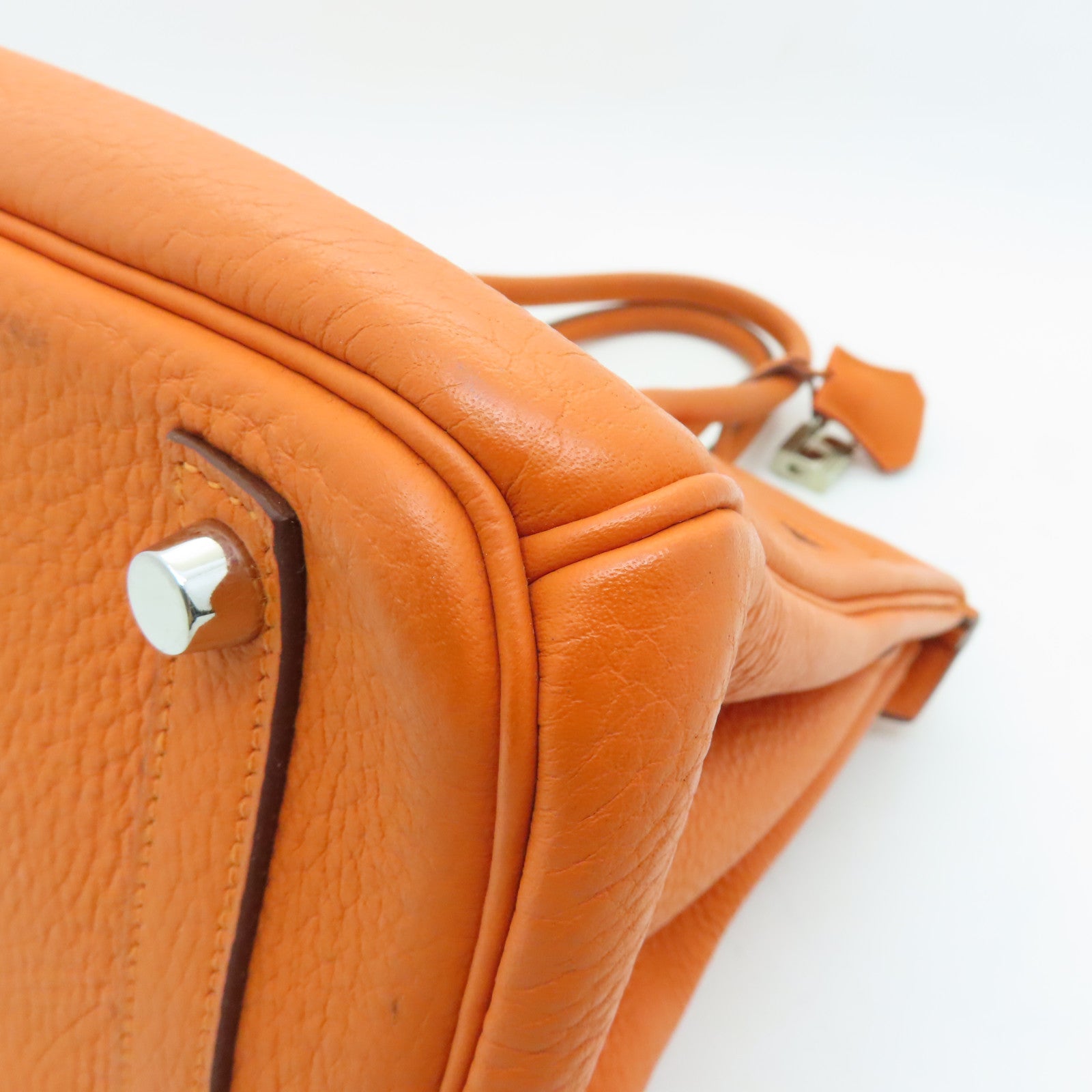 HERMES Clemence Leather Birkin 30 Silver Buckle Handle Bag Orange