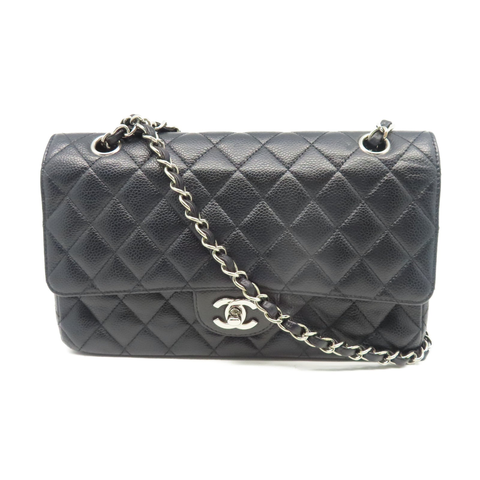 CHANEL 菱格Caviar皮革Classic 25cm銀扣鏈帶肩背袋黑色