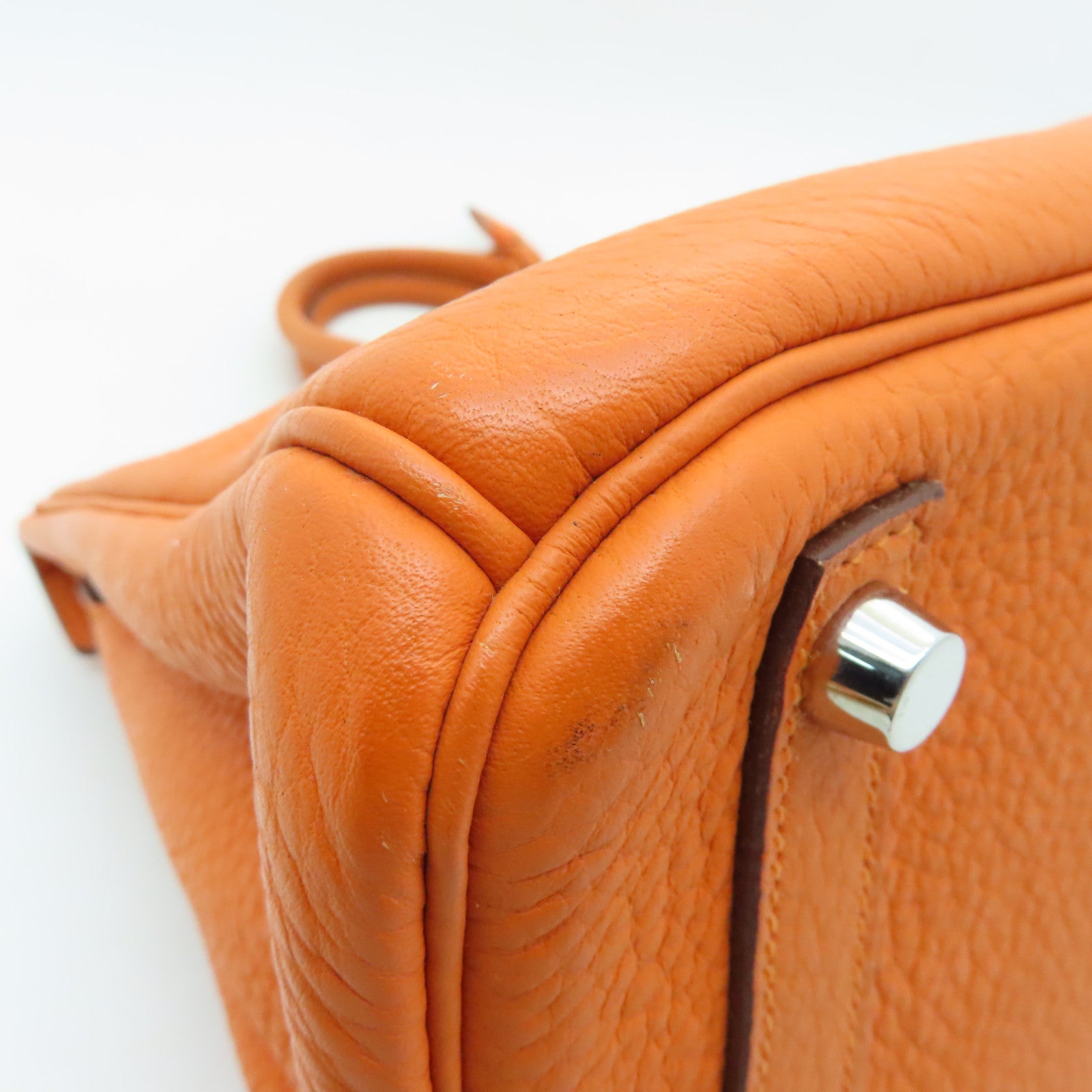 HERMES Clemence Leather Birkin 30 Silver Buckle Handle Bag Orange