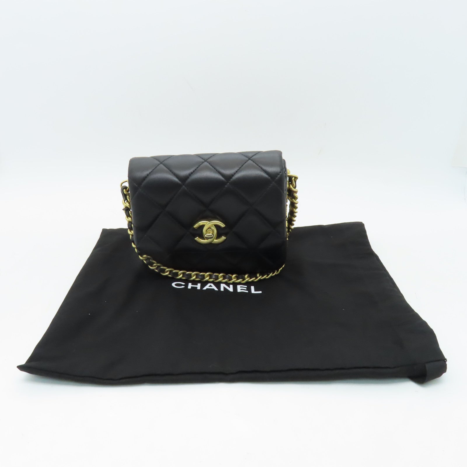 CHANEL 菱格羊皮皮革Chain Shoulder Bag金扣鏈帶肩背袋黒色