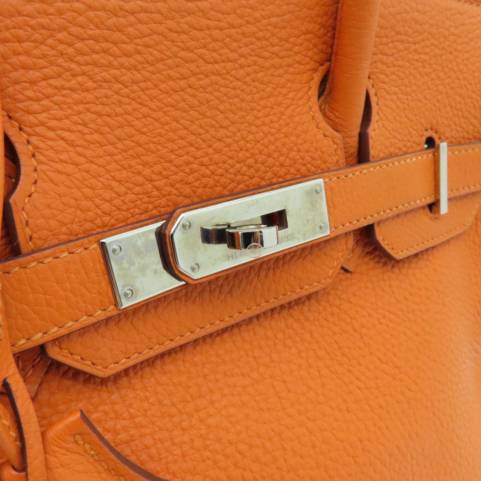 HERMES Clemence Leather Birkin 30 Silver Buckle Handle Bag Orange