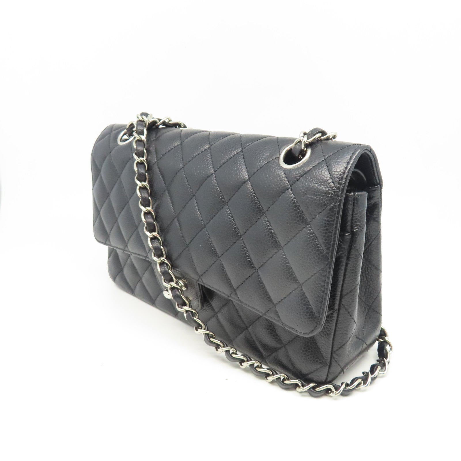 CHANEL 菱格Caviar皮革Classic 25cm銀扣鏈帶肩背袋黑色