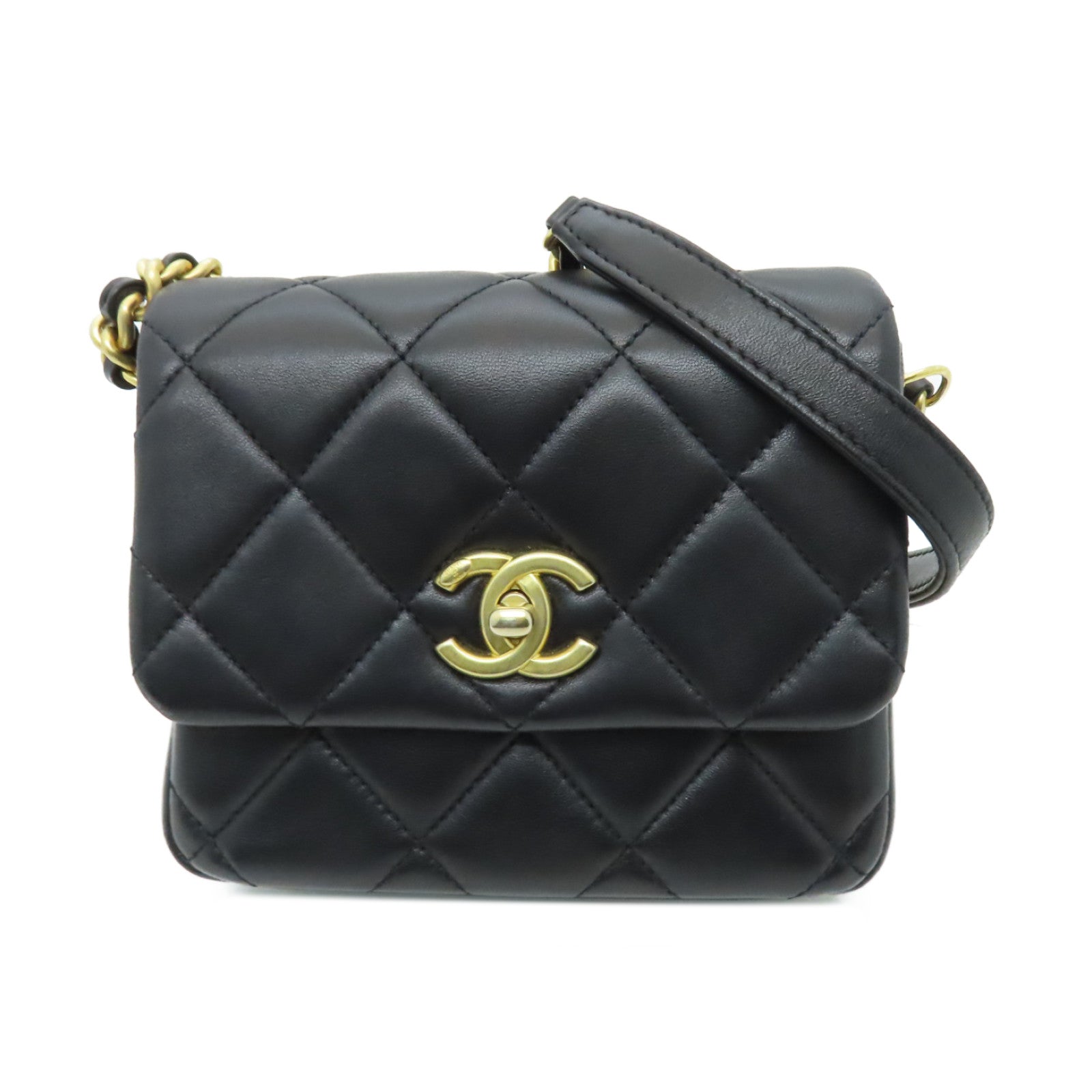 CHANEL 菱格羊皮皮革Chain Shoulder Bag金扣鏈帶肩背袋黒色