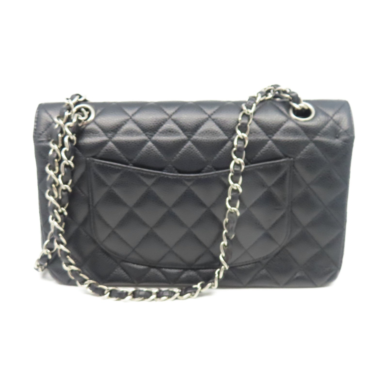 CHANEL 菱格Caviar皮革Classic 25cm銀扣鏈帶肩背袋黑色
