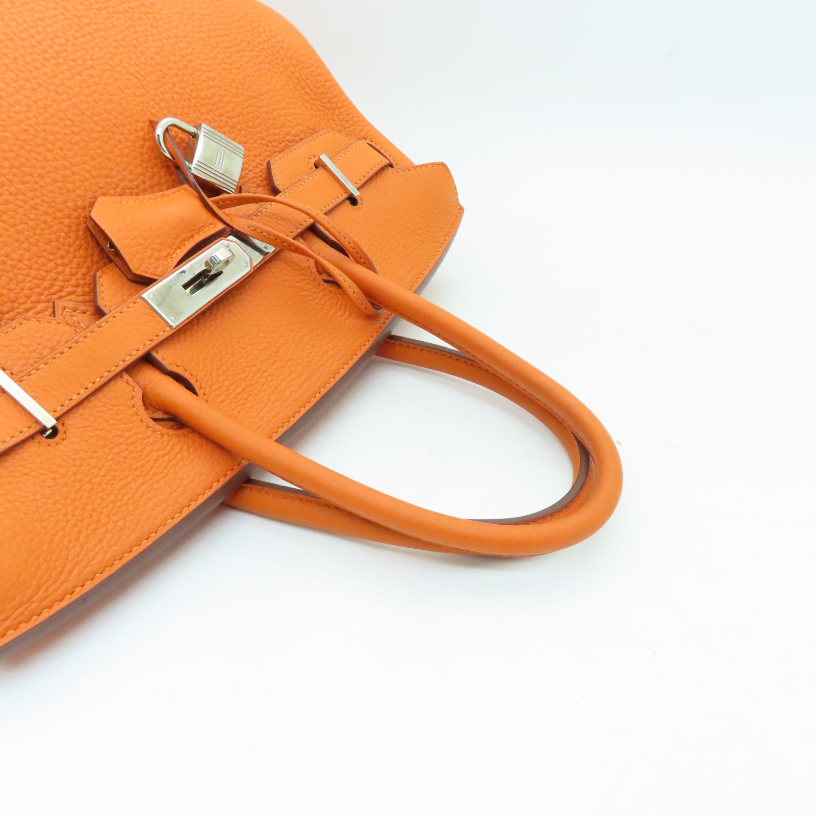 HERMES Clemence Leather Birkin 30 Silver Buckle Handle Bag Orange