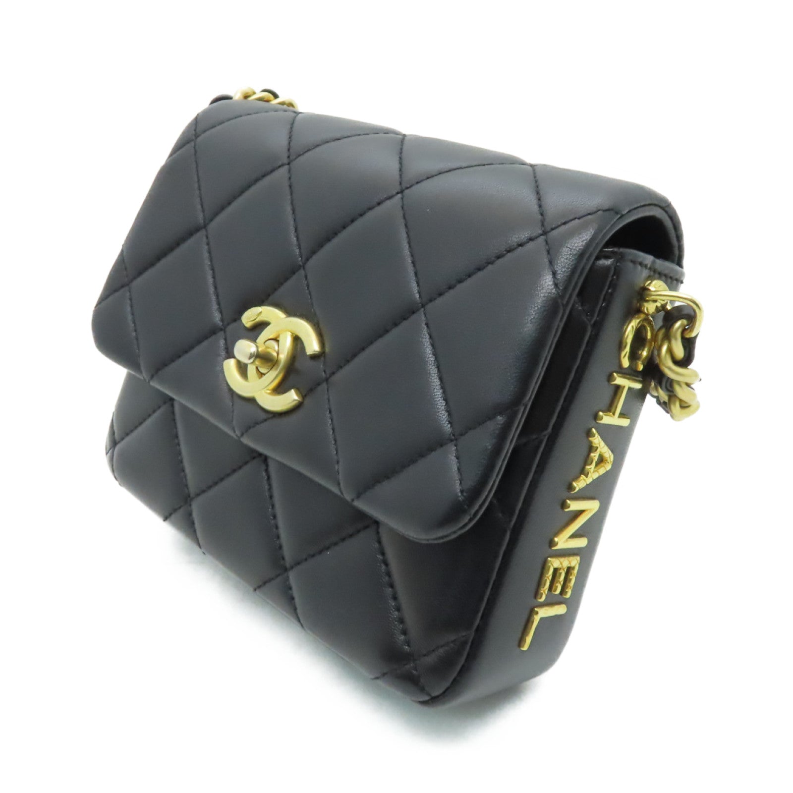 CHANEL 菱格羊皮皮革Chain Shoulder Bag金扣鏈帶肩背袋黒色