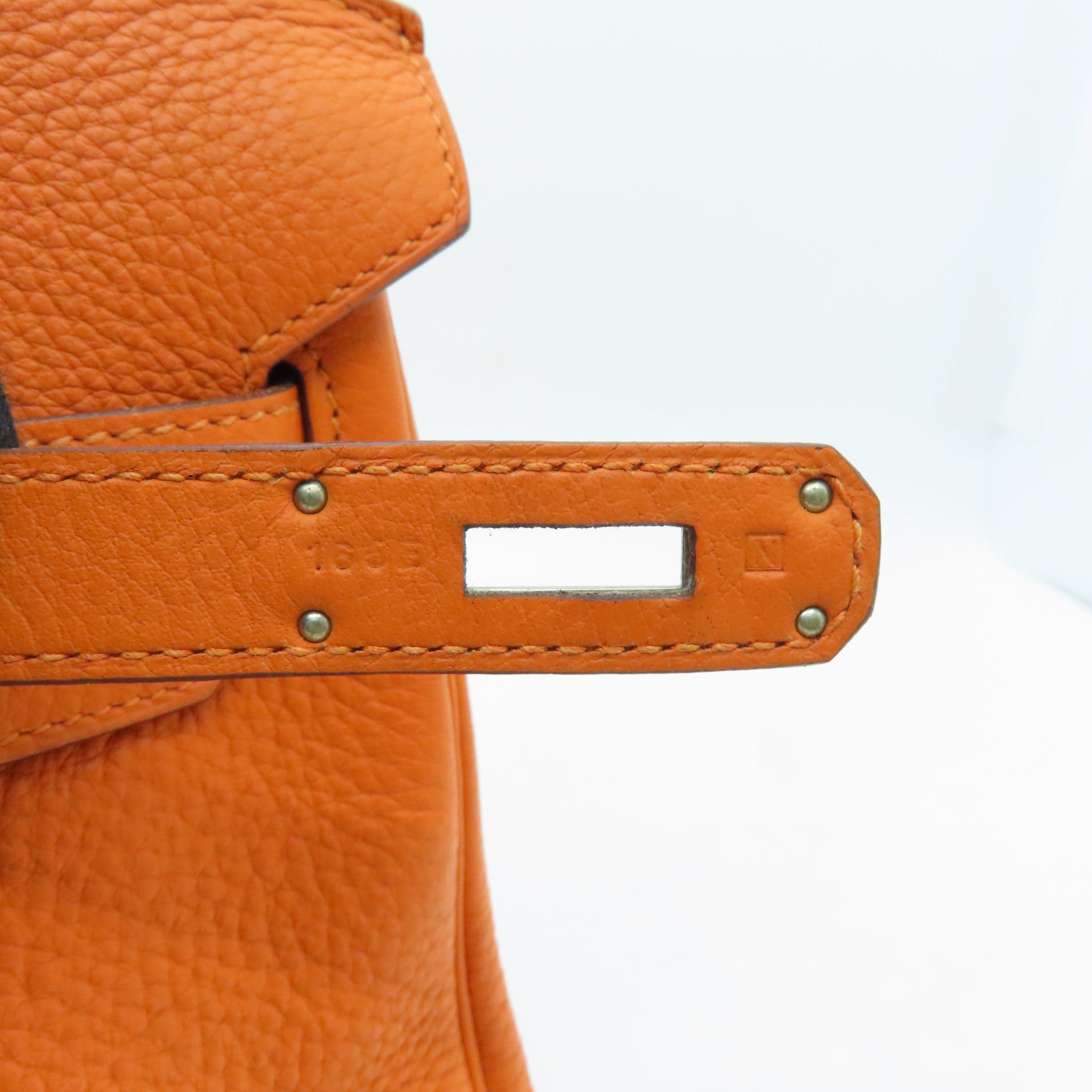 HERMES Clemence Leather Birkin 30 Silver Buckle Handle Bag Orange