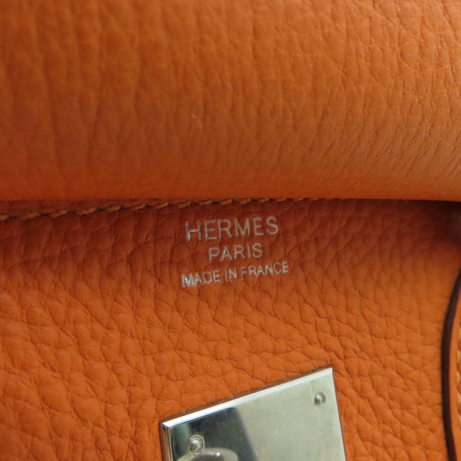 HERMES Clemence Leather Birkin 30 Silver Buckle Handle Bag Orange