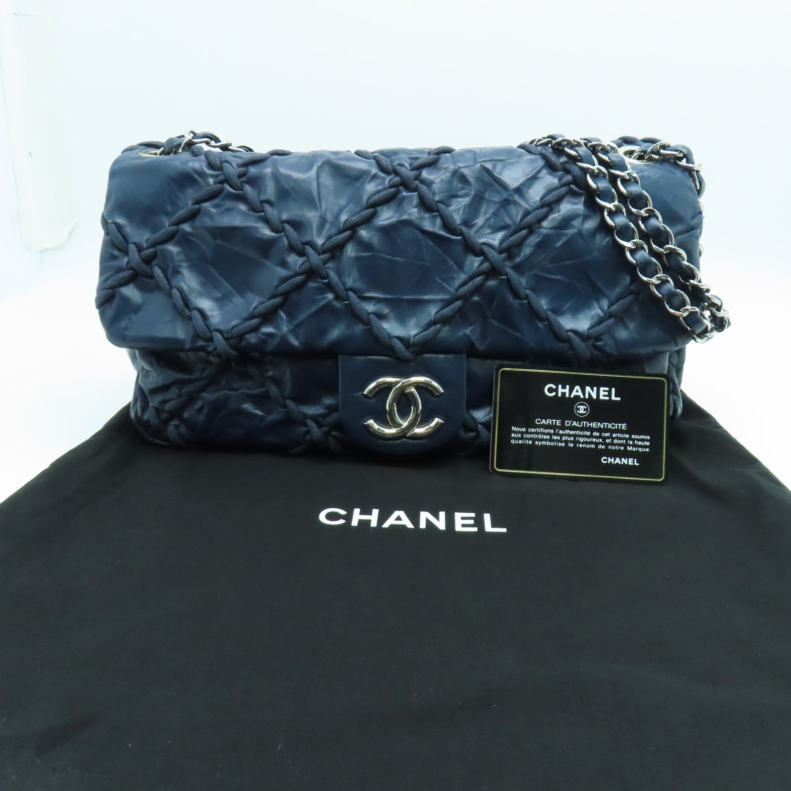 CHANEL 菱格牛皮皮革Ultra Stitch Flap Bag銀扣肩背袋藍色